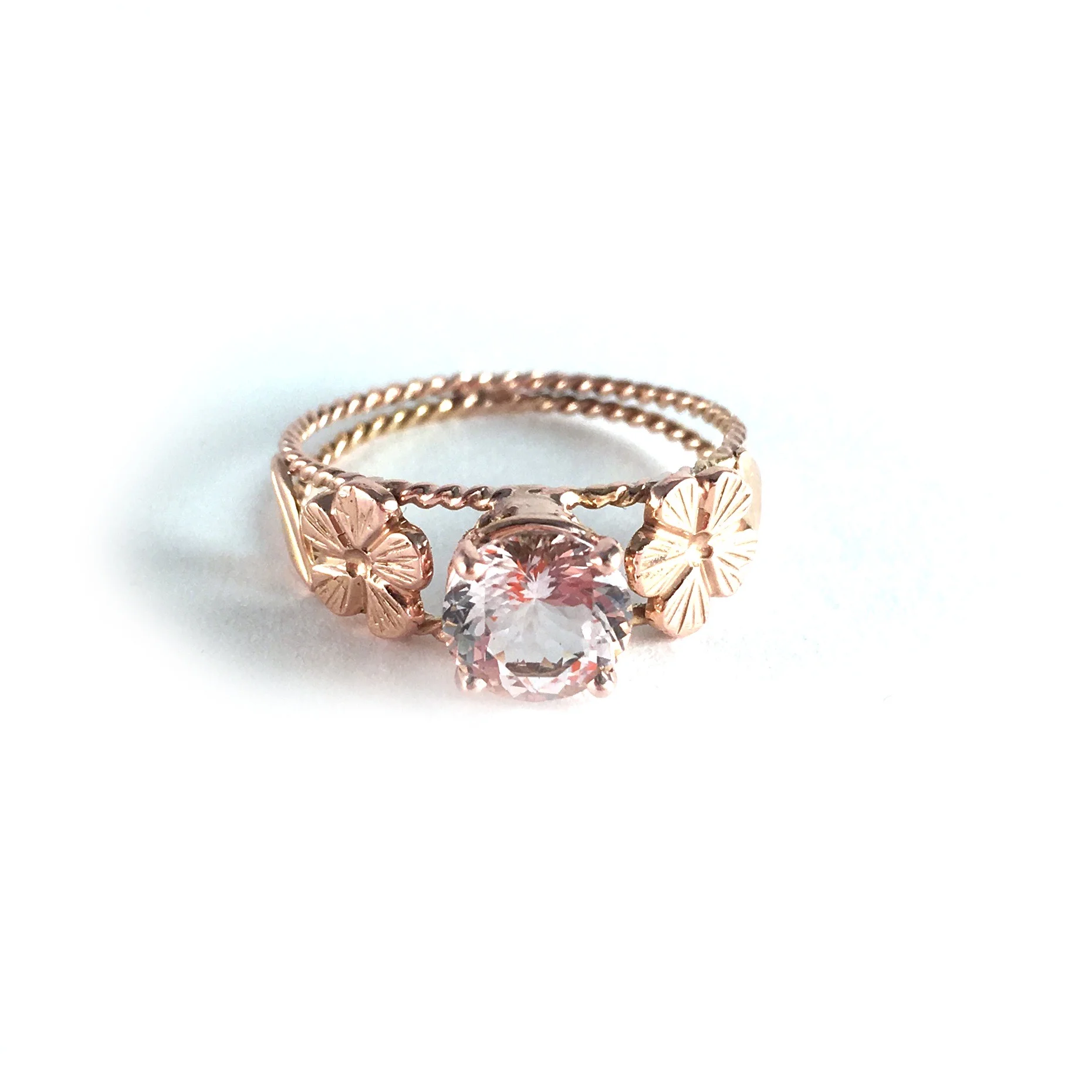 Hand crafted custom 14k rose gold ring, hand-engraved flowers, pink morganite for Adam and Sidney.