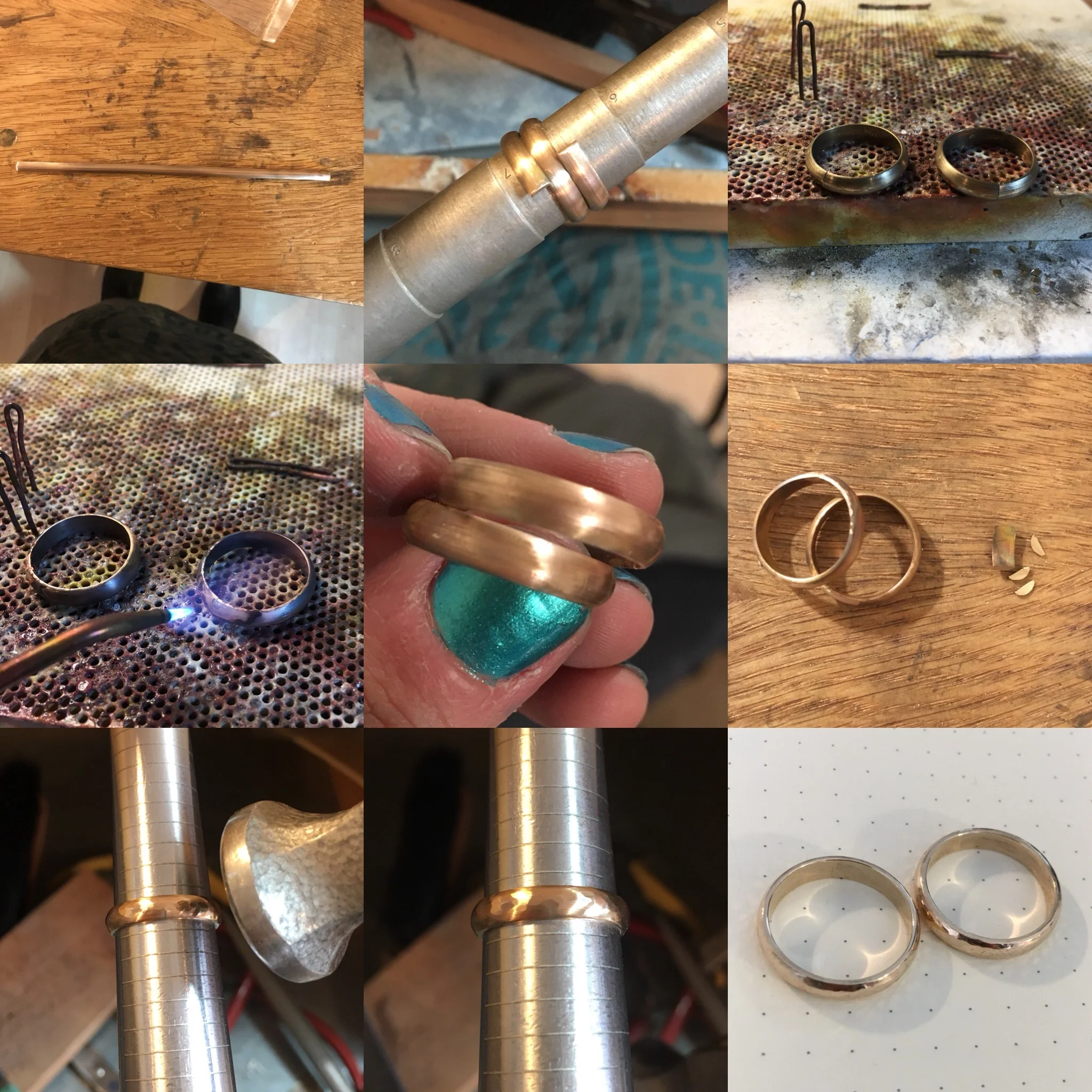 Hand made 14k yellow gold wedding bands for Casey and Lesster. Process documented from top left to bottom right.
