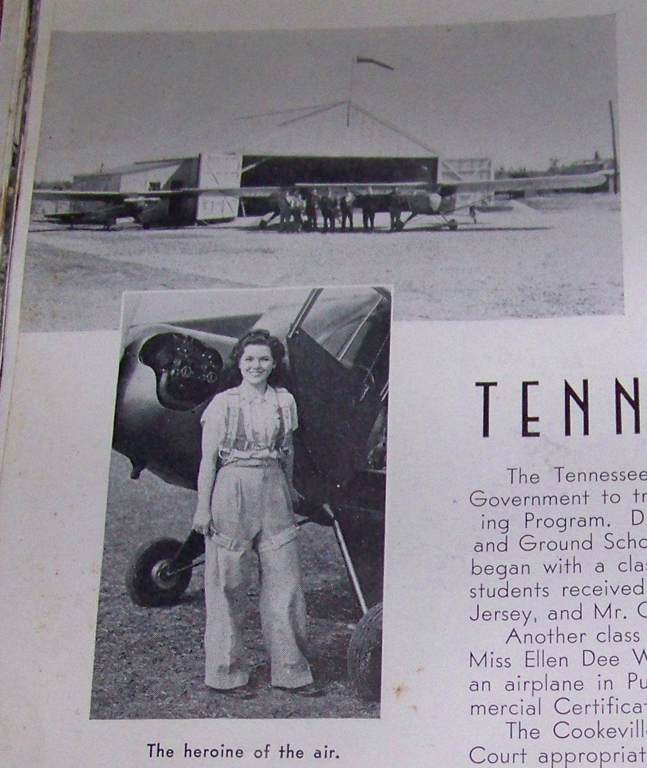 Ellen Dee Webb, First woman to solo a plane in Putnam County. Note that she appears to be wearing a parachute.