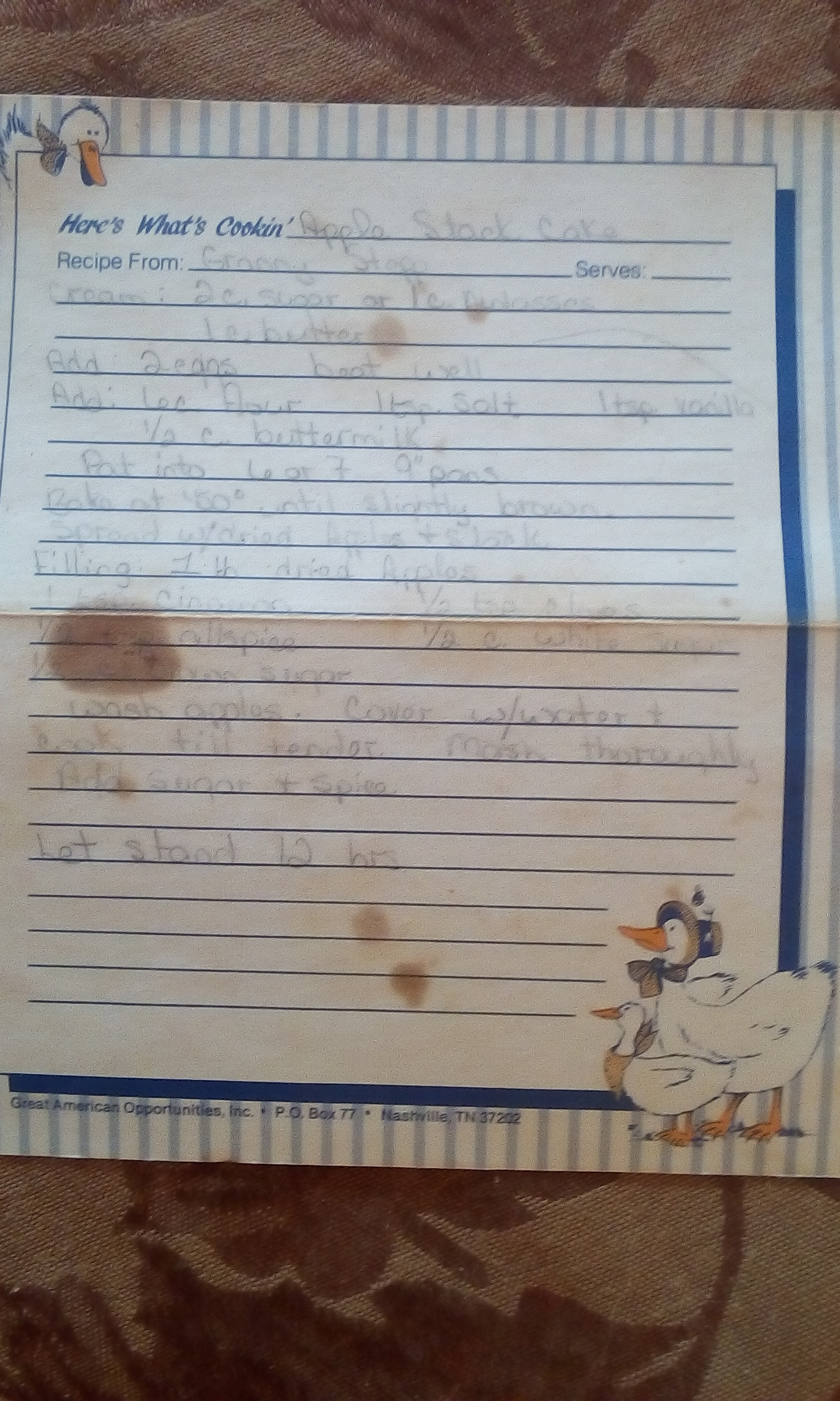 My recipe card for Apple Stack Cake. I copied it from Grandma's as a young teenager. you can see that it's had a lot of use from the stains on the paper!