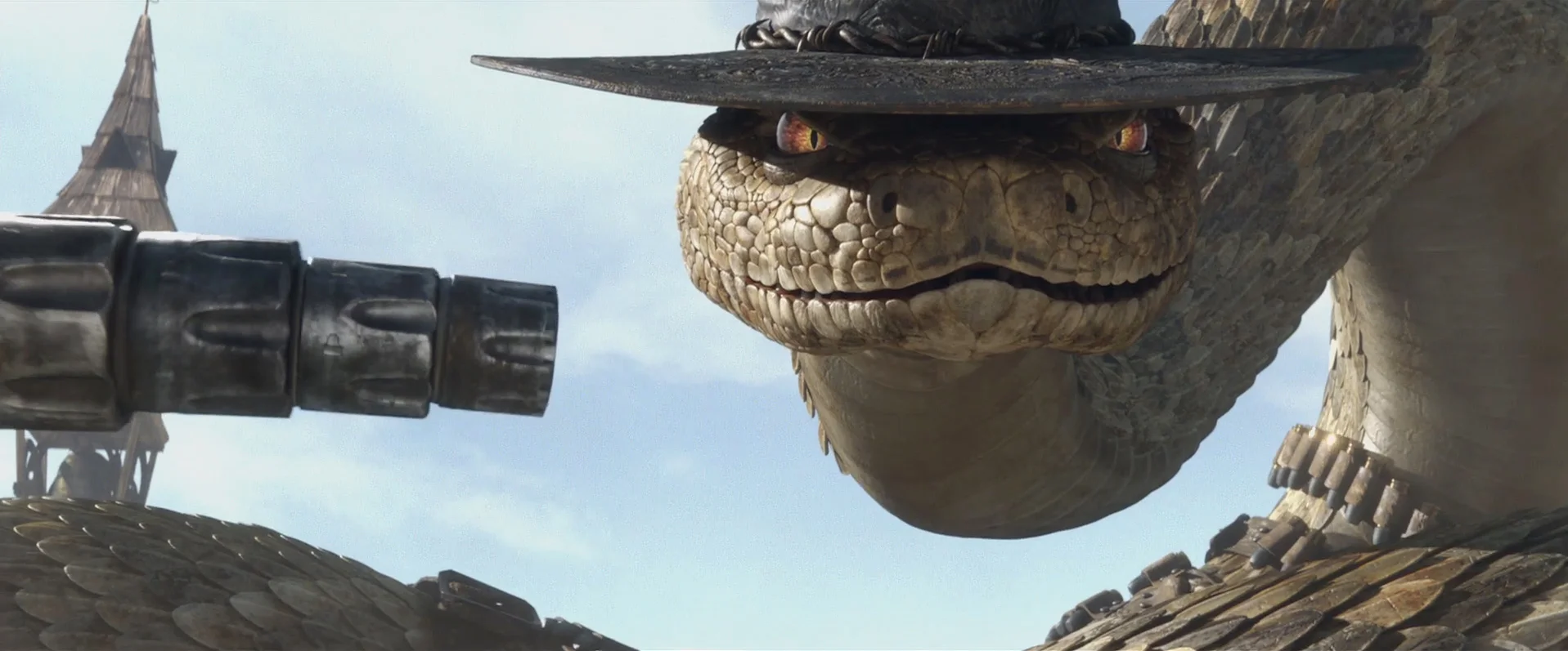 Rango (2011) Property of Nickelodeon and Paramount Pictures Responsible
for painting all maps for Rattlesnake Jake including his gun, gunbelts,
bullets and hat. Every single scale on his body is geometry and has
unique paint. Not a single