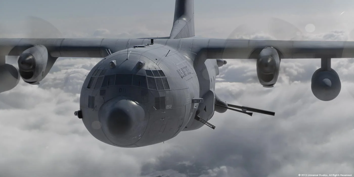 Being an avid CrossFitter, I felt truly lucky to have worked on this film. Although our work wasn't a lot, it was still fun work. I painted this AC130 plane that helps Marcus Luttrell towards the end. All the paneling and riveting was done in textures. All textures and UVs done by myself. Lookdev by Geoff Pedder.