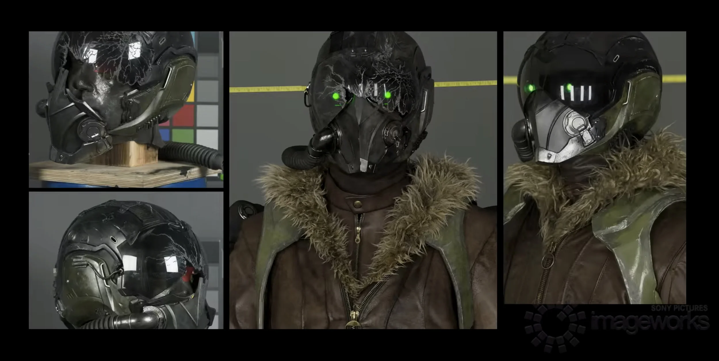 Photography to the left and right are from the practical on set costume, the center image is a full CG final render. From UVs to final textures, this portion of the exosuit/helmet and full costume took me about 10 days to complete. Lookdev by Kieran