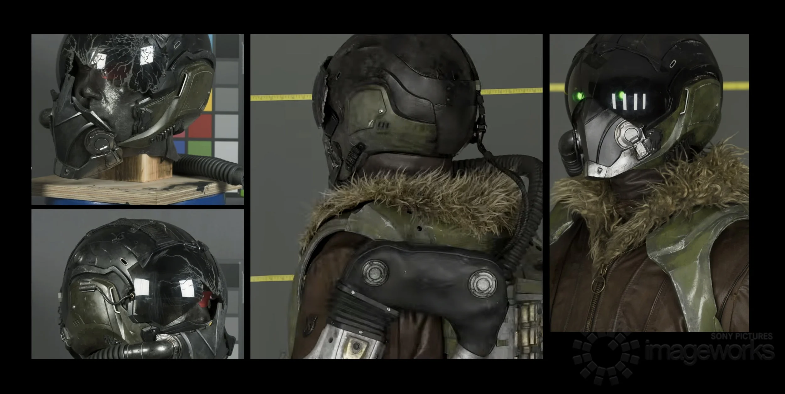 Photography to the left and right are from the practical on set costume, the center image is a full CG final render. From UVs to final textures, this portion of the exosuit/helmet and full costume took me about 10 days to complete. Lookdev by Kieran