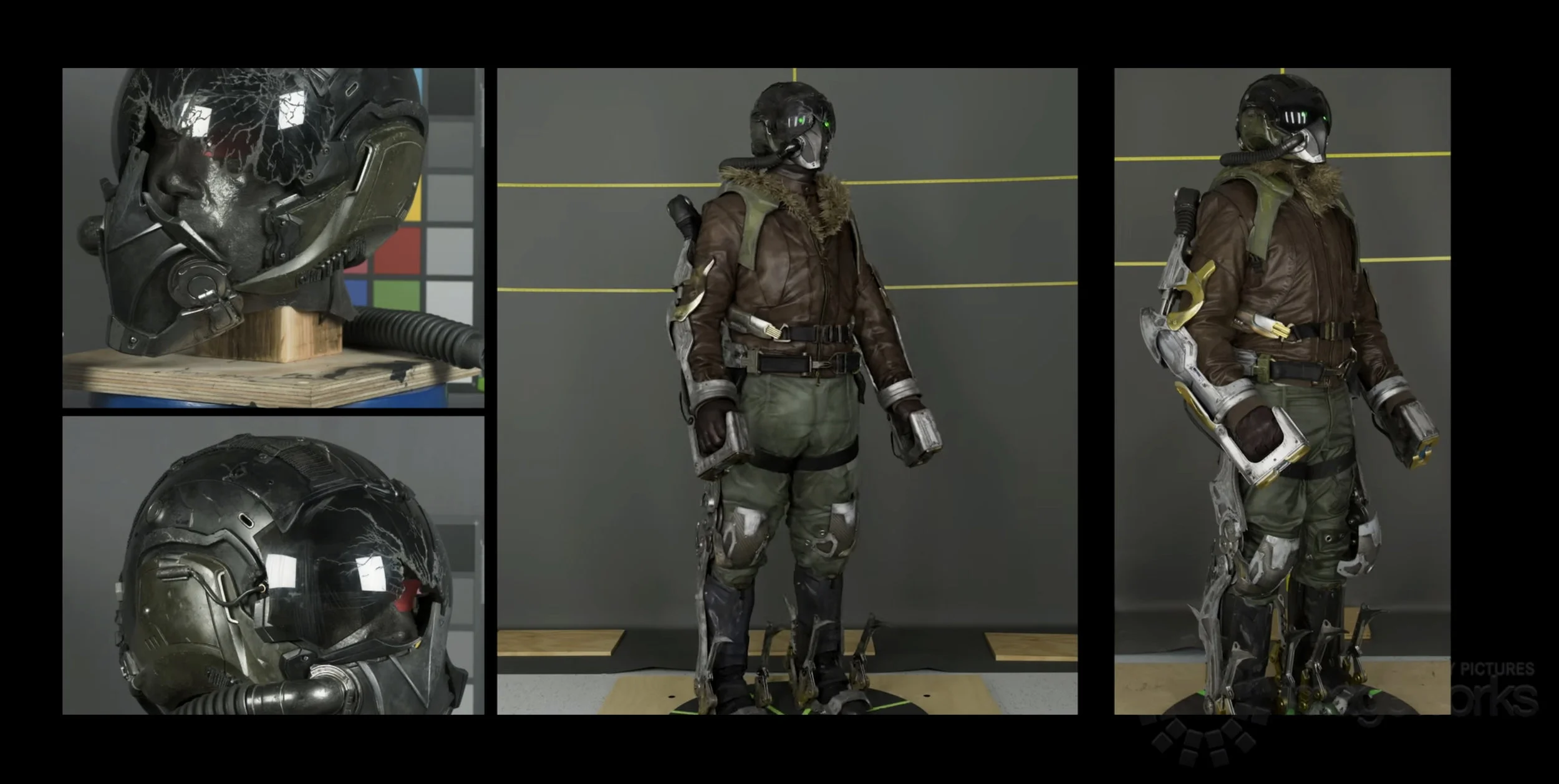 Photography to the left and right are from the practical on set costume, the center image is a full CG final render. From UVs to final textures, this portion of the exosuit/helmet and full costume took me about 10 days to complete. Lookdev by Kieran