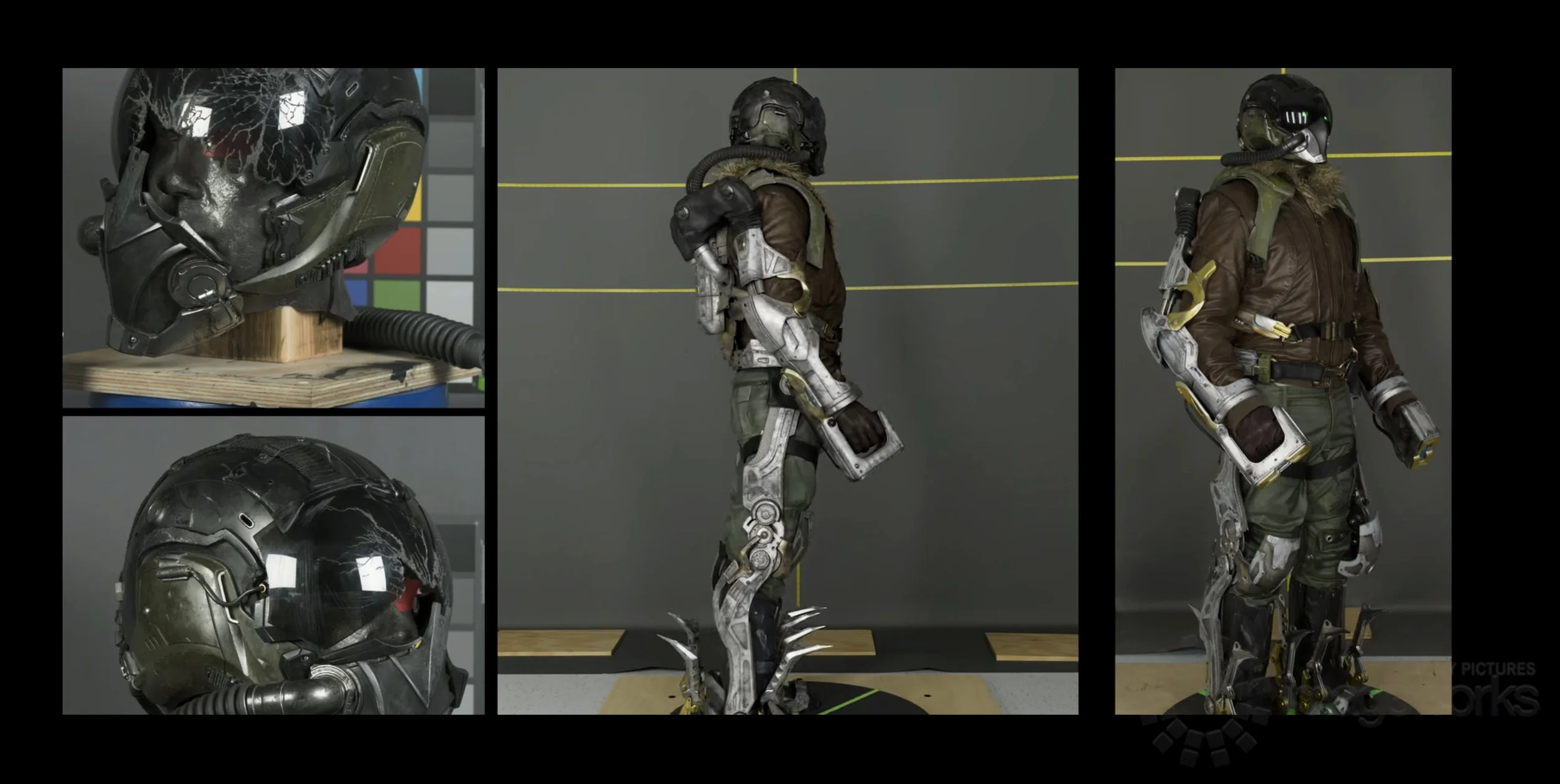 Photography to the left and right are from the practical on set costume, the center image is a full CG final render. From UVs to final textures, this portion of the exosuit/helmet and full costume took me about 10 days to complete. Lookdev by Kieran
