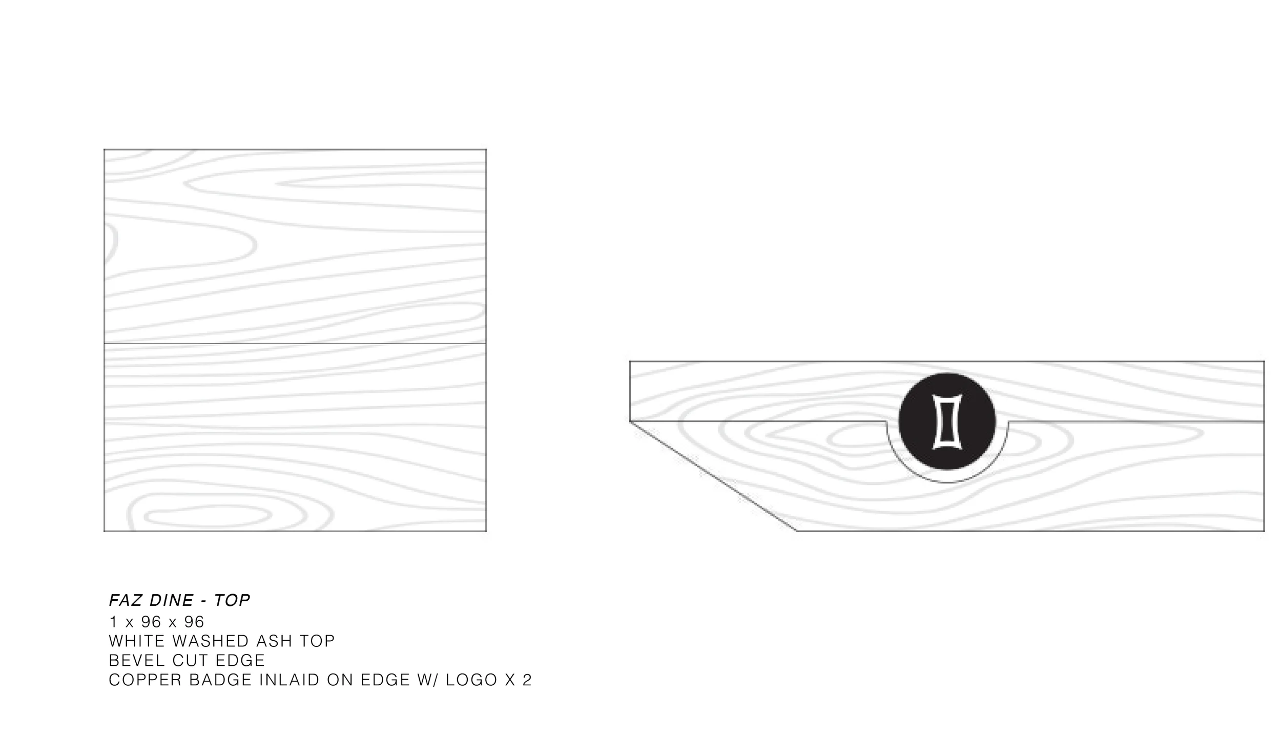 Top - Bevel Edge Detail & Copper Logo Dowel by Constructed Matter, Inc.