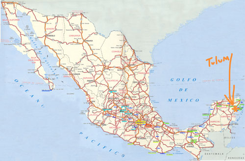 If you're wrinkling your brow about where Tulum is, it's about a two-hour drive south of Cancun on the Caribbean side of Mexico. Map source: kateschelter.com
