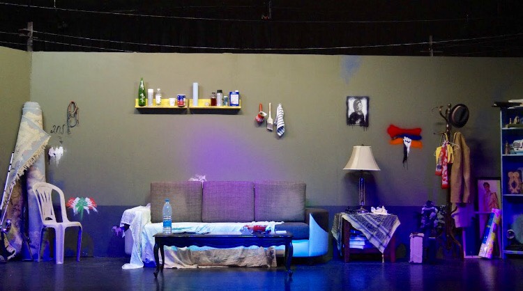 The set (stage and art) created for the Pink Elephant play. Staged at the ARTN Theatre in Glendale, Ca. 2017