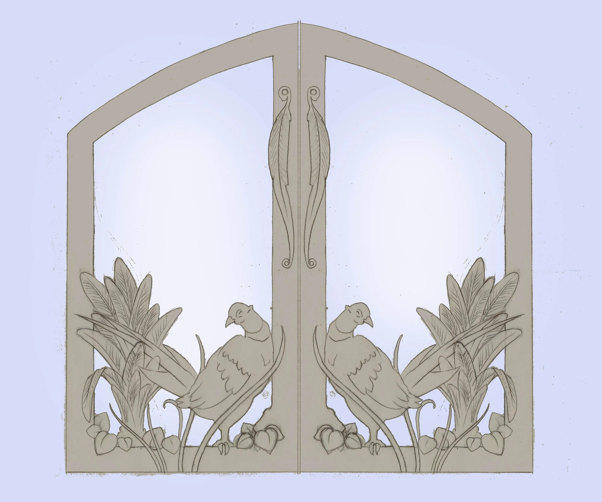 Decorative metal gate with two birds perched among leaves and plants.