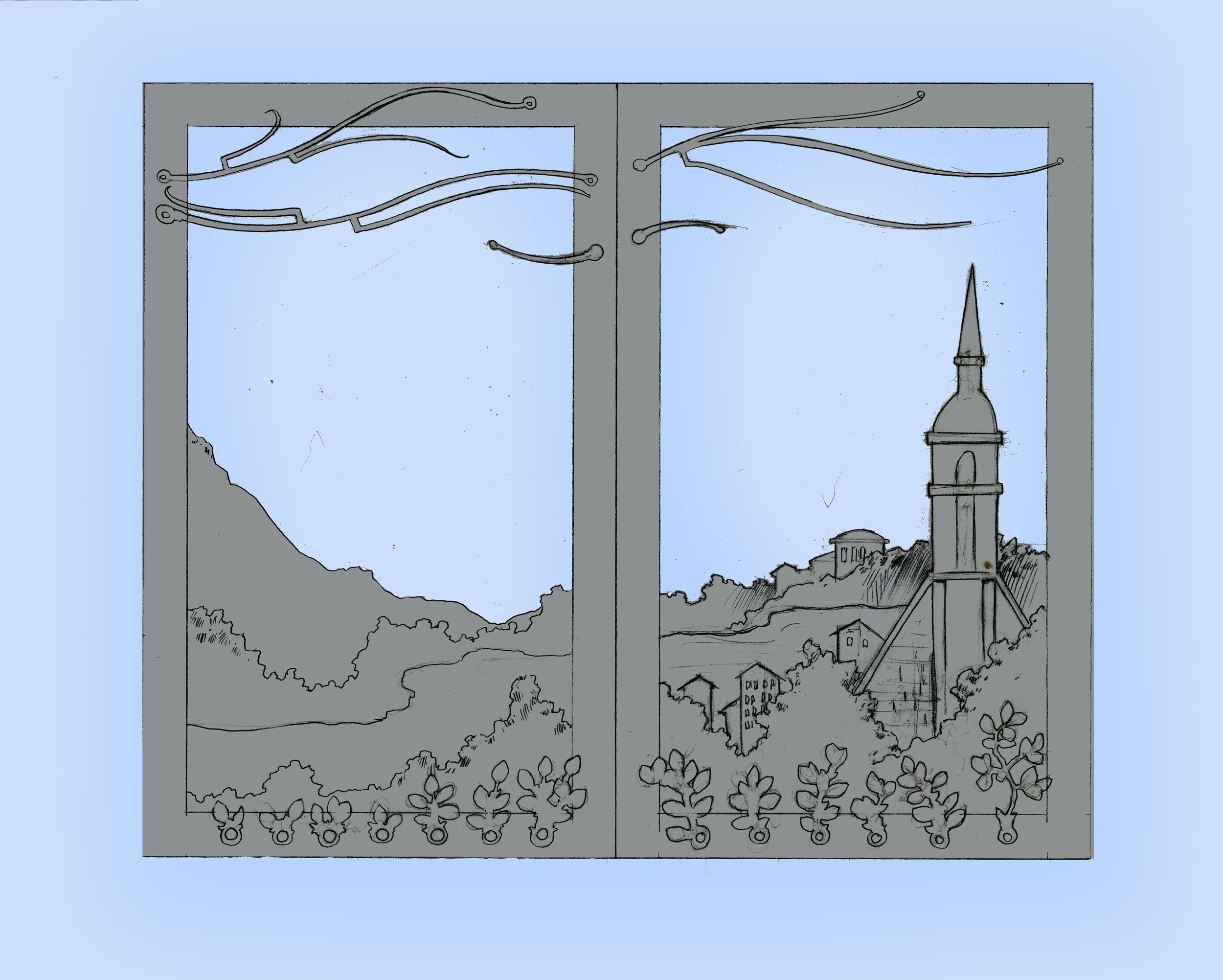 Line drawing of a view through a window showing a mountain landscape with a church steeple and trees, framed by decorative flowers at the bottom and wispy clouds in the sky.