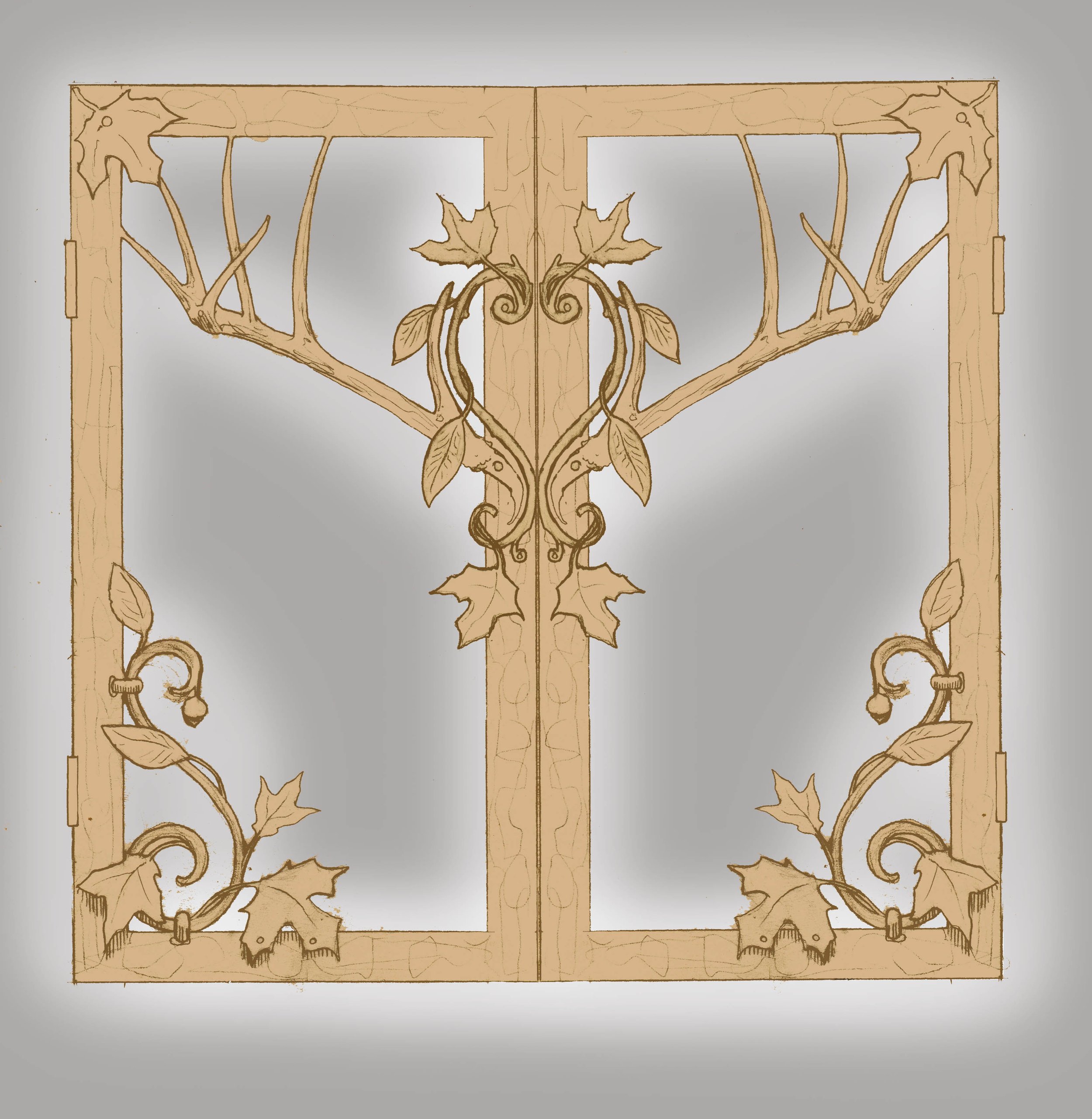 A decorative wooden door with intricate carving of vines, leaves, and flowers, featuring symmetrical design and a light brown color.