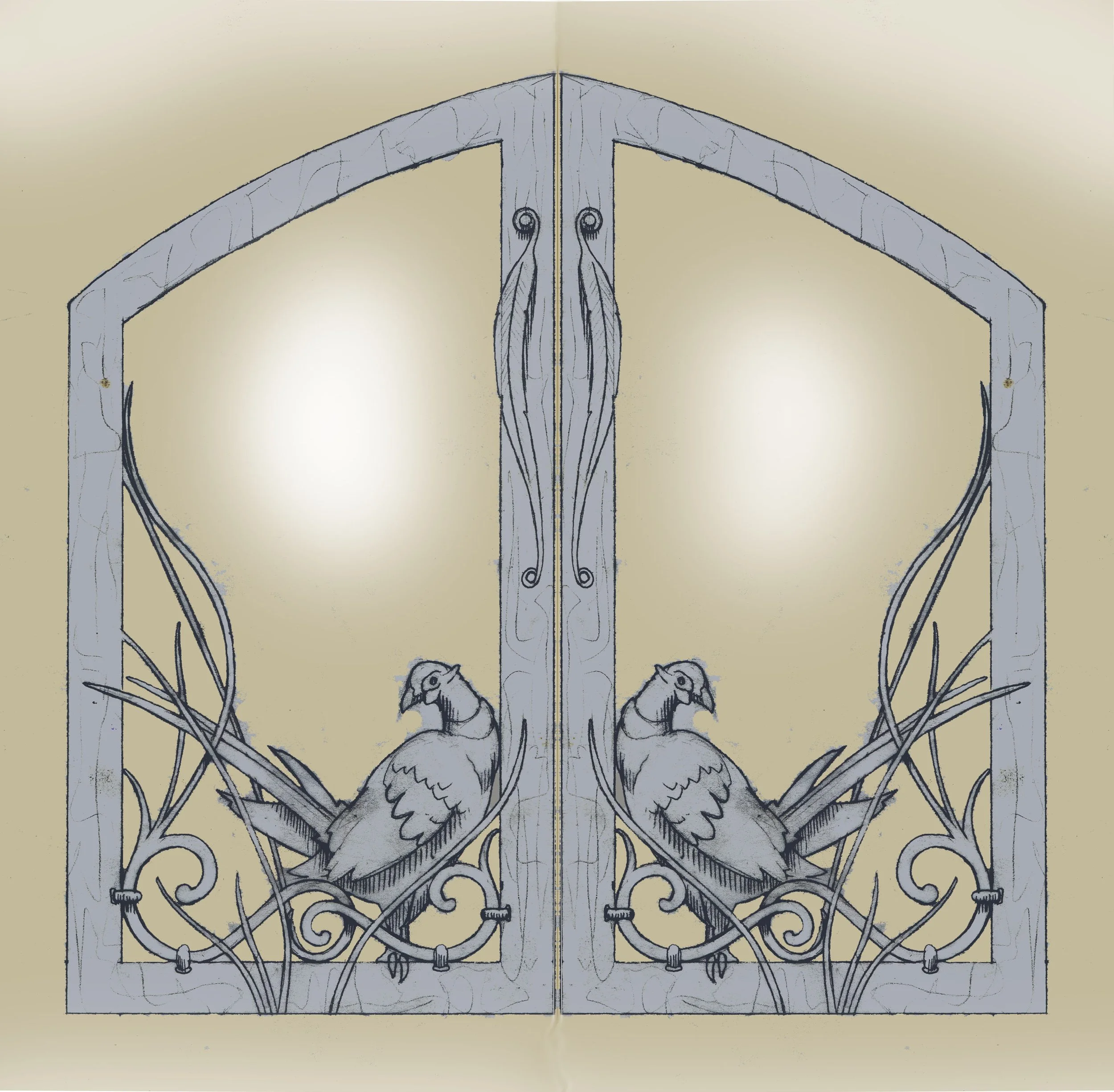 A decorative iron gate with two birds perched on the bottom, symmetrical design, and a background with a glowing light.