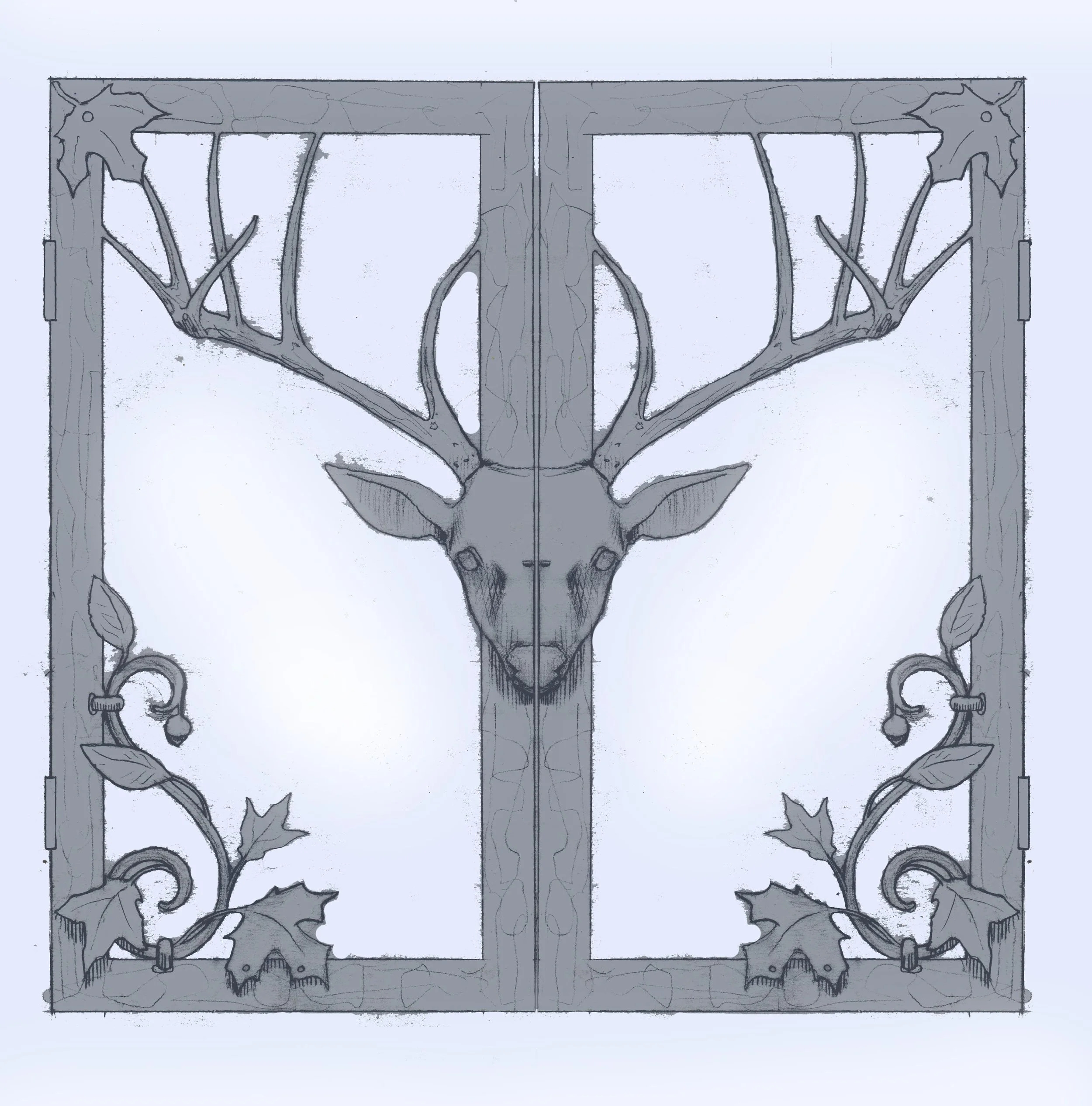 Decorative window with deer head and antlers, surrounded by leaf and vine motifs.