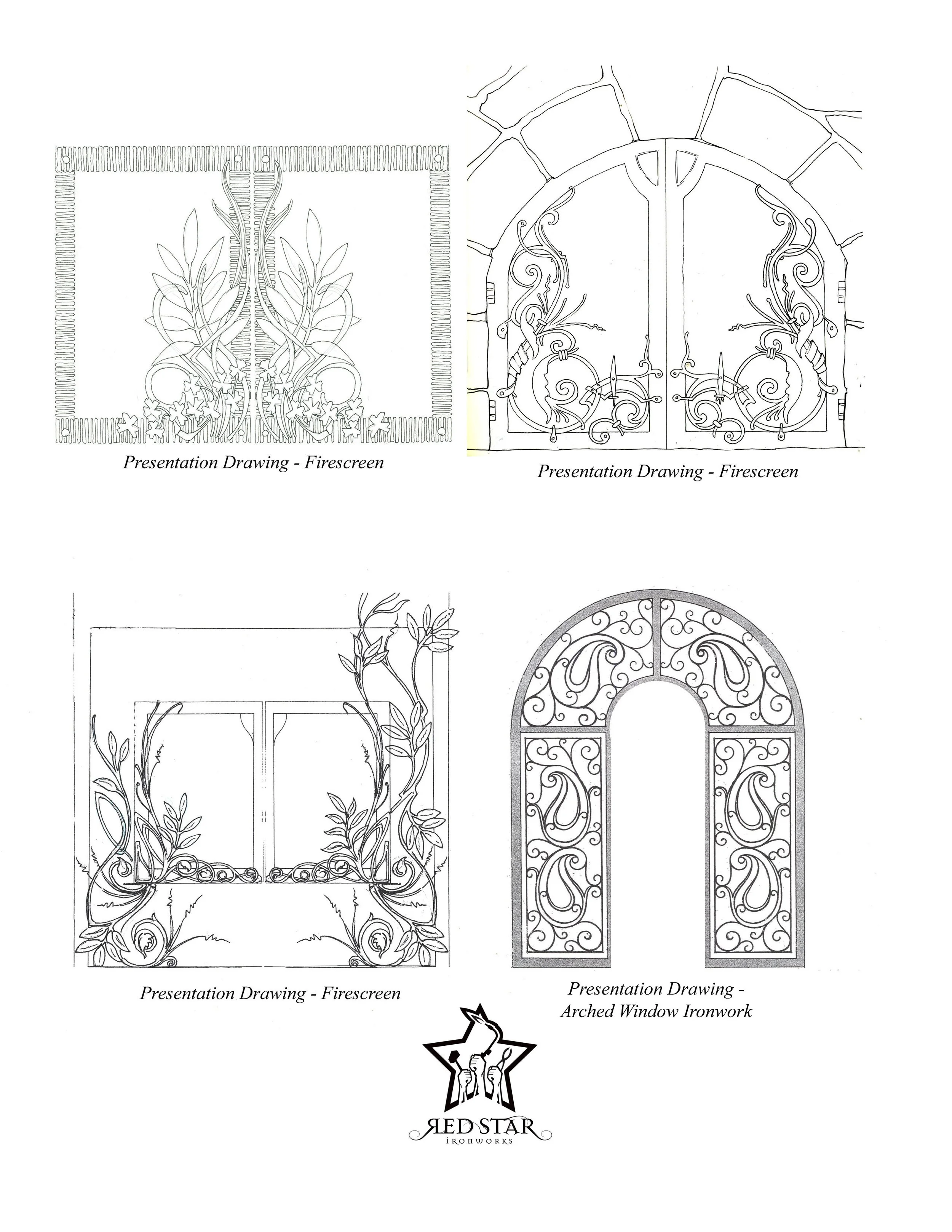 Four detailed technical drawings of decorative ironwork designs labeled as 'Presentation Drawing - Firescreen' and 'Presentation Drawing - Arched Window Ironwork' with a logo at the bottom reading 'Red Star Ironworks'.
