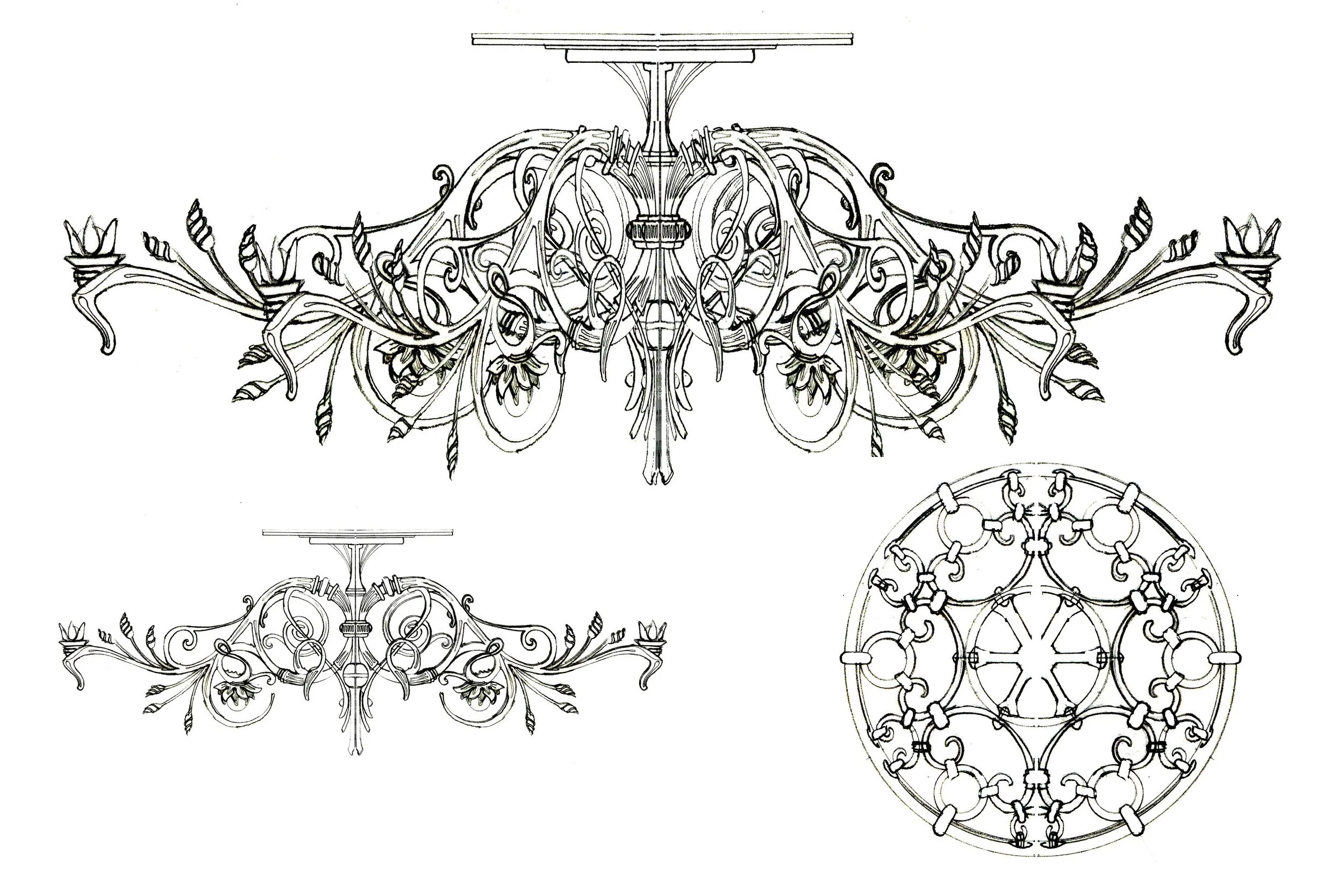 Drawings of ornate chandeliers and a circular decorative chandelier design.