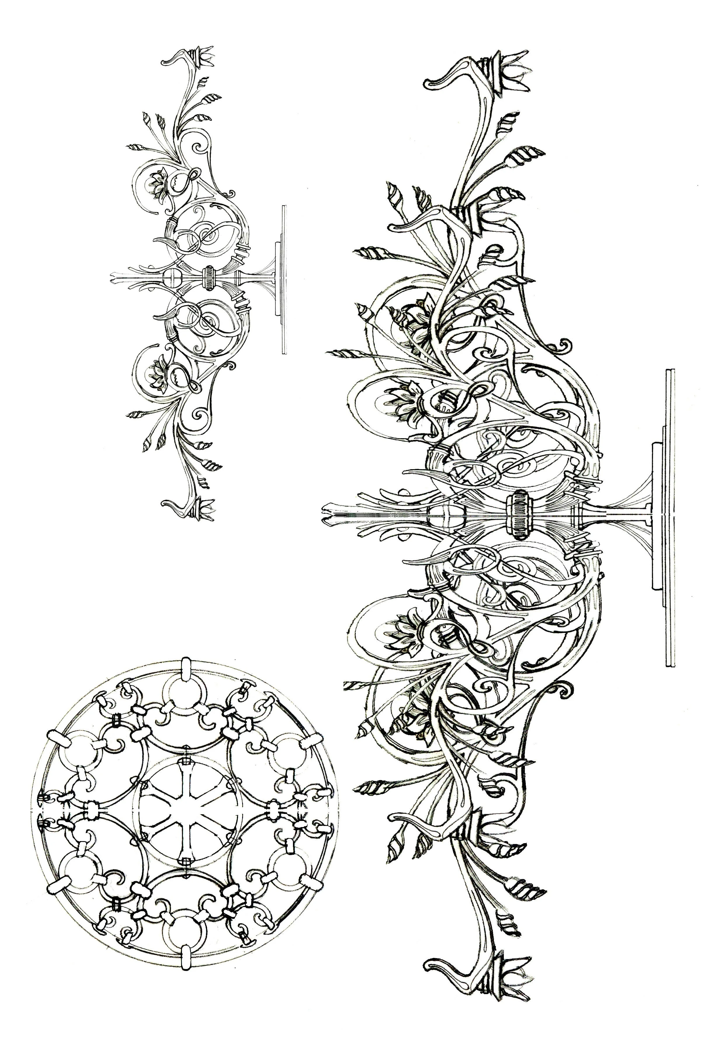 Illustration of three ornate, decorative chandeliers with floral and vine motifs, and a circular chandelier design with interconnected rings and floral patterns.