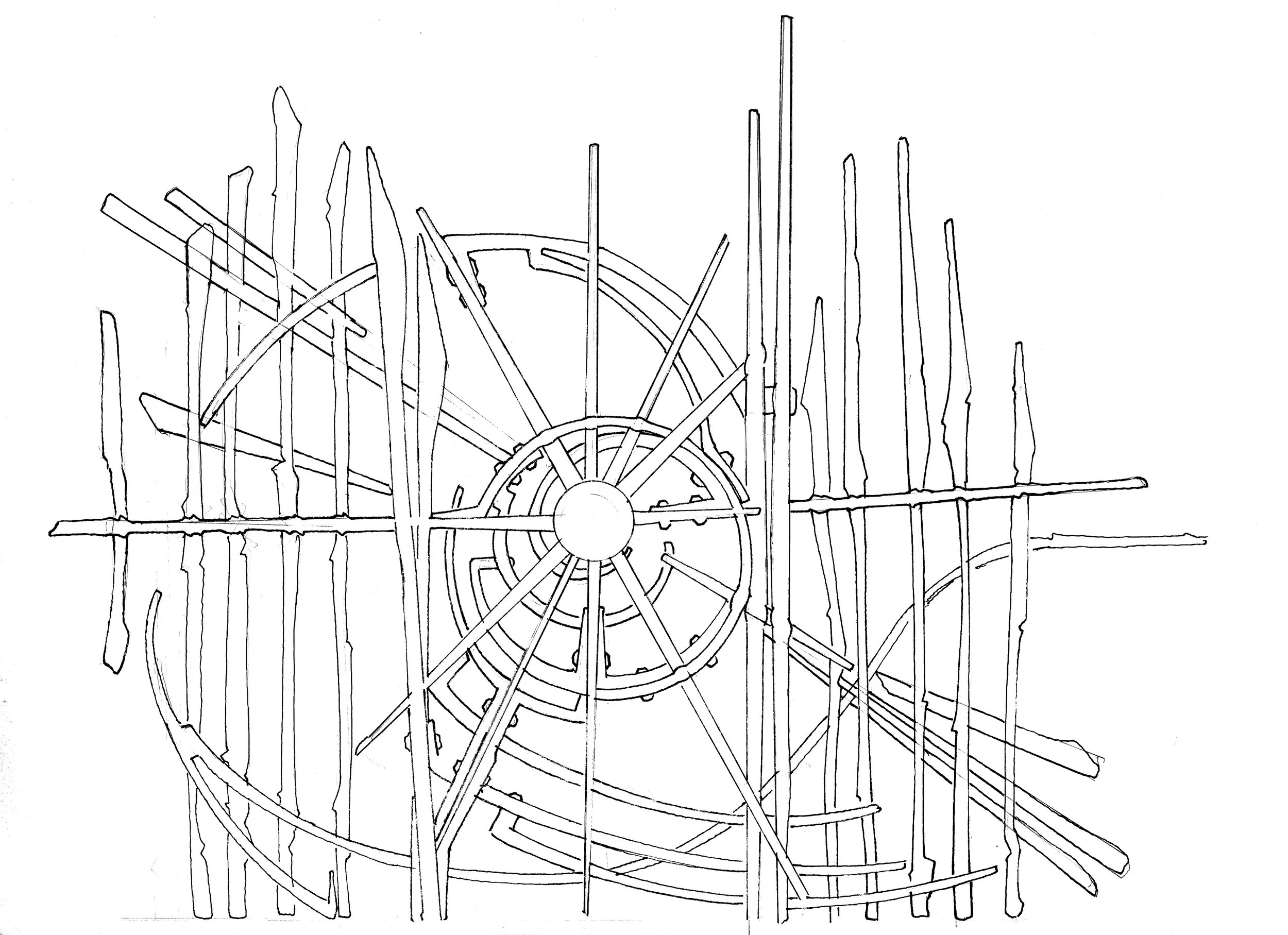A black and white line drawing of a large clock face with many inner and outer concentric circles, surrounded by various straight and curved lines representing scaffolding or structural supports.