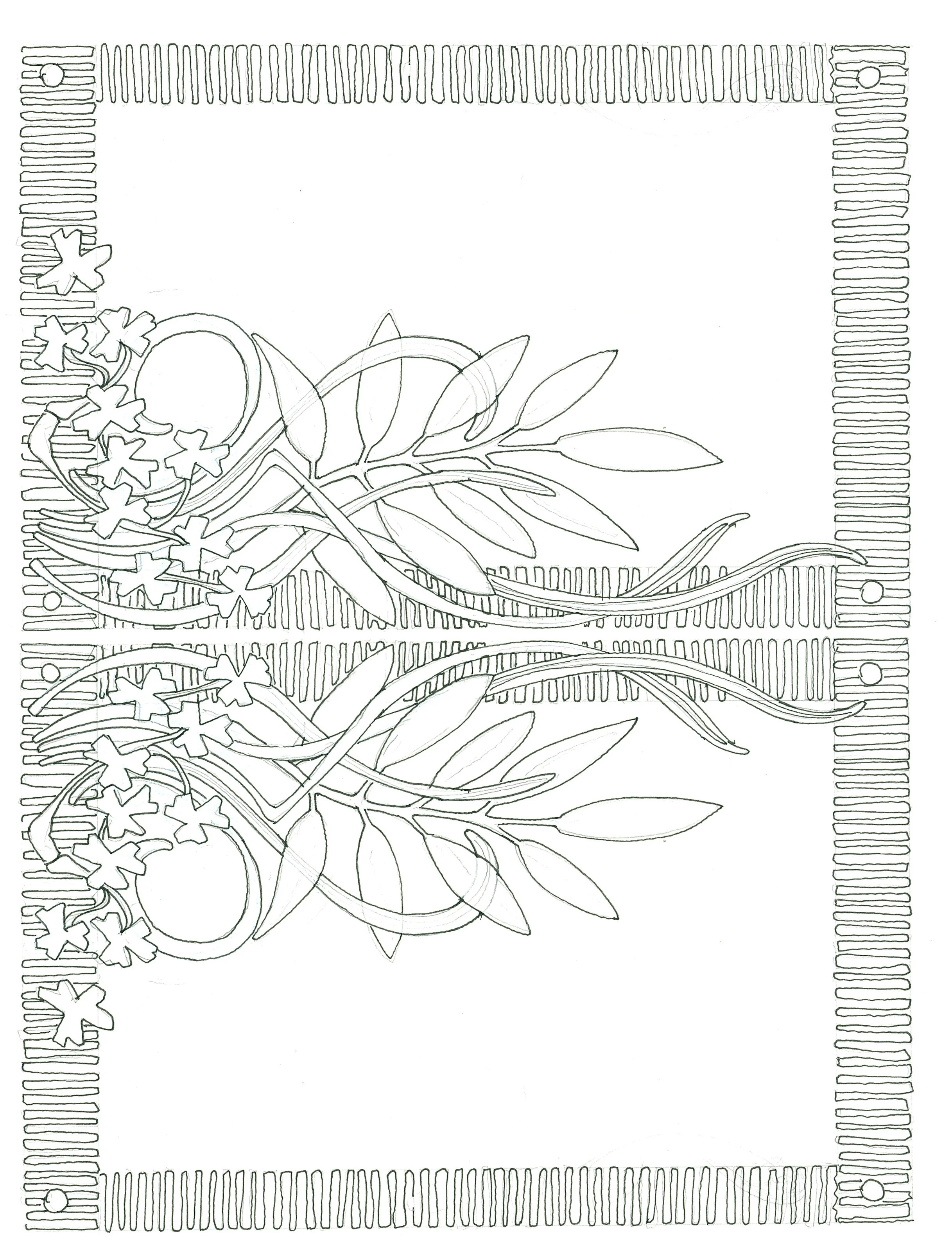Outline of a decorative tablecloth with floral and leaf design, featuring a rectangular border with linear pattern and small circular details at corners and sides.