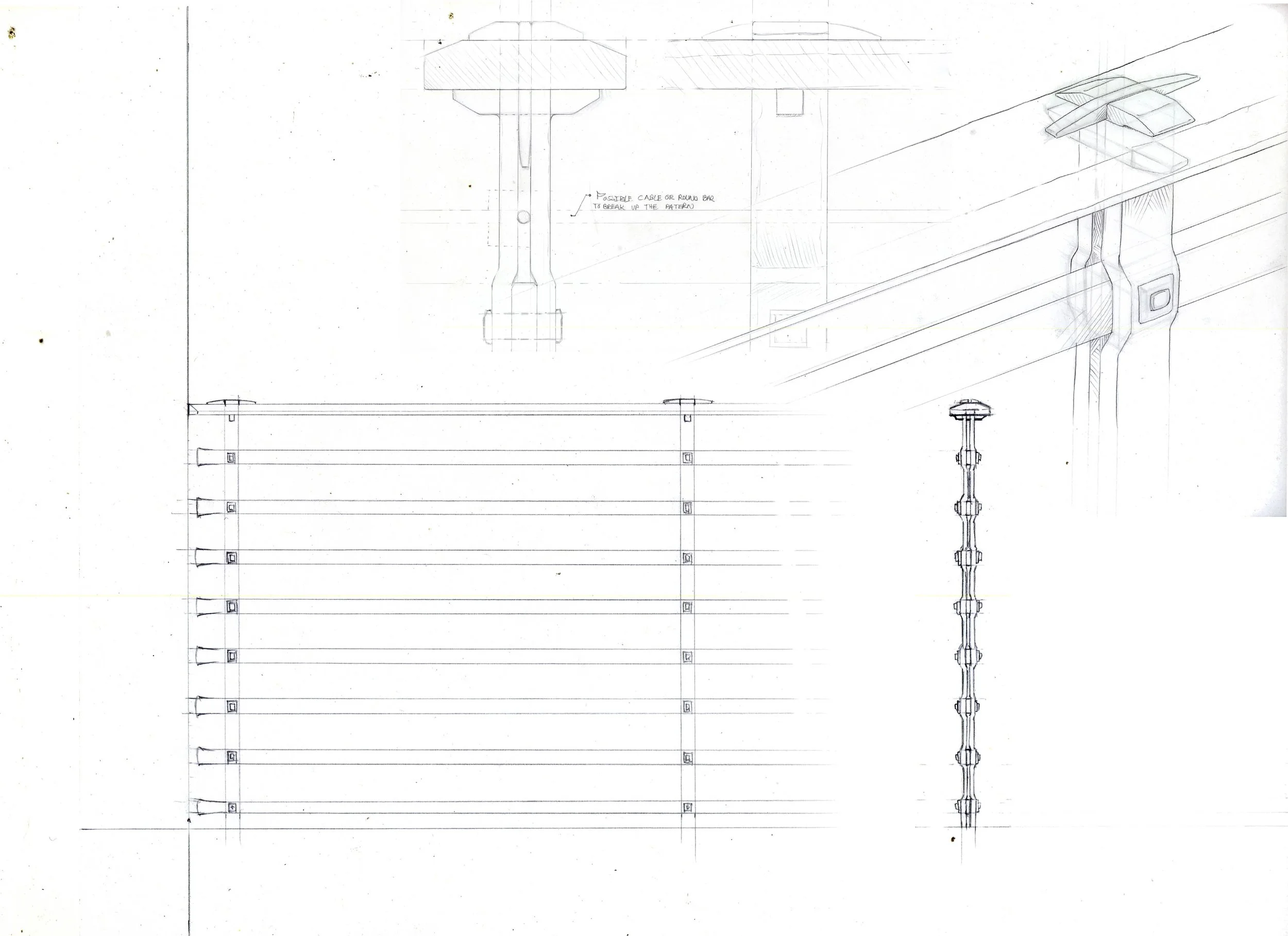 Technical drawing of a construction or mechanical part, including a chain, a pulley, and some structural elements with detailed annotations.