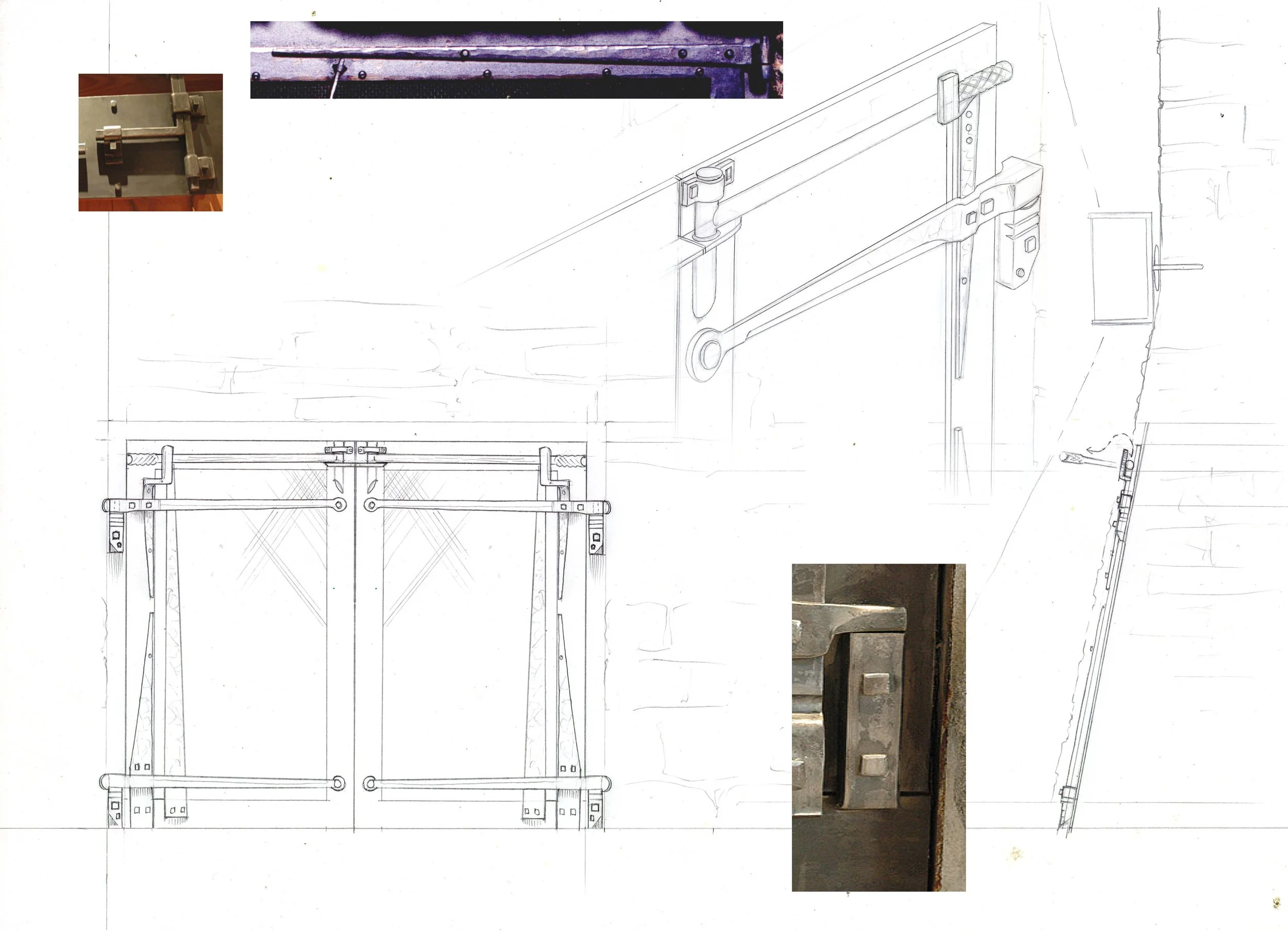 A technical drawing or blueprint of a door or gate mechanism, accompanied by four photographs of various metal components. The drawings show detailed mechanical parts and assembly views.