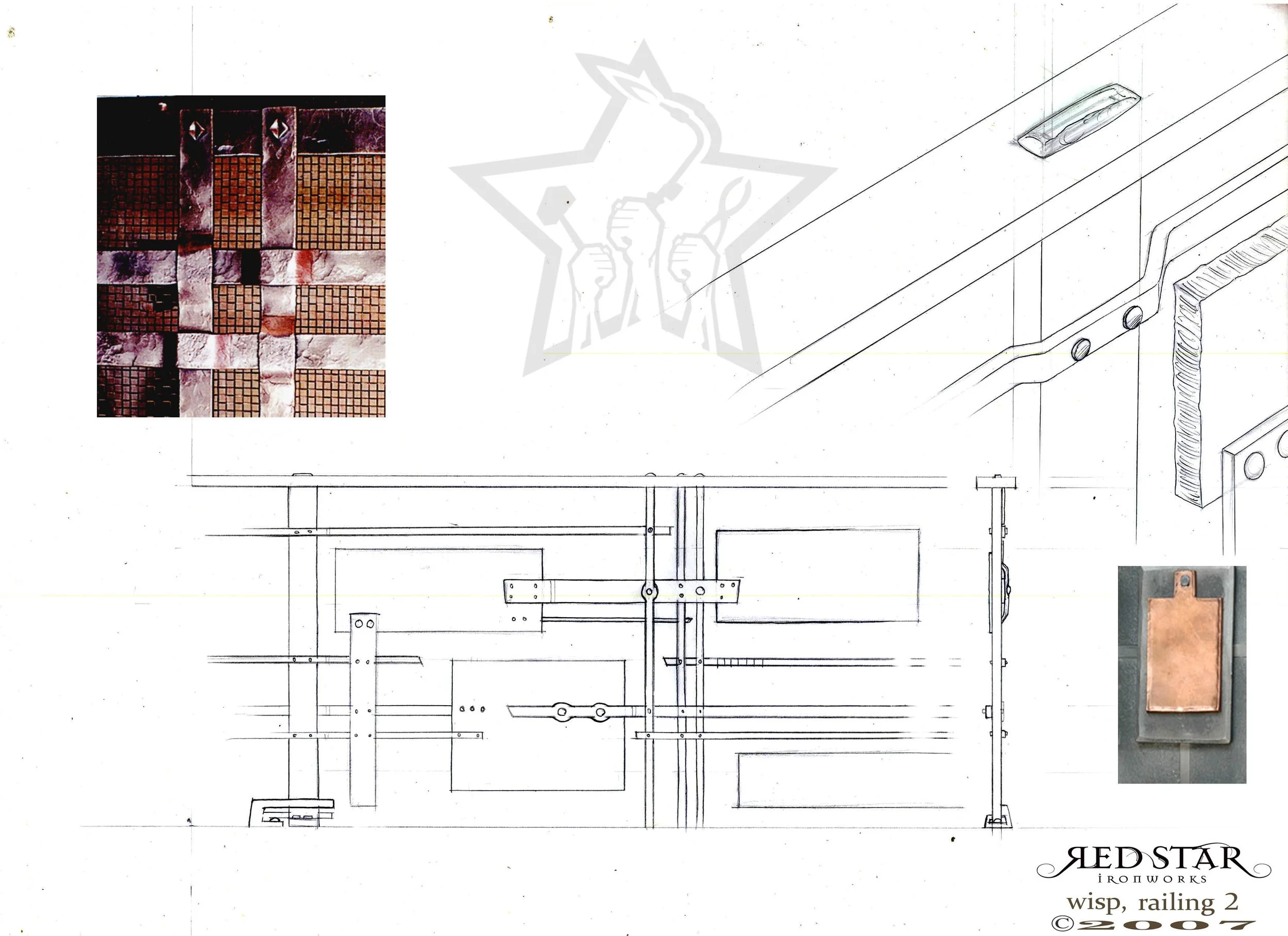 A technical blueprint for a wrought iron railing system, including detailed drawings and design specifications. The image also contains a collage of metallic tiles, a photograph of a copper plate, and the logo of Red Star Ironworks with the text 'wis