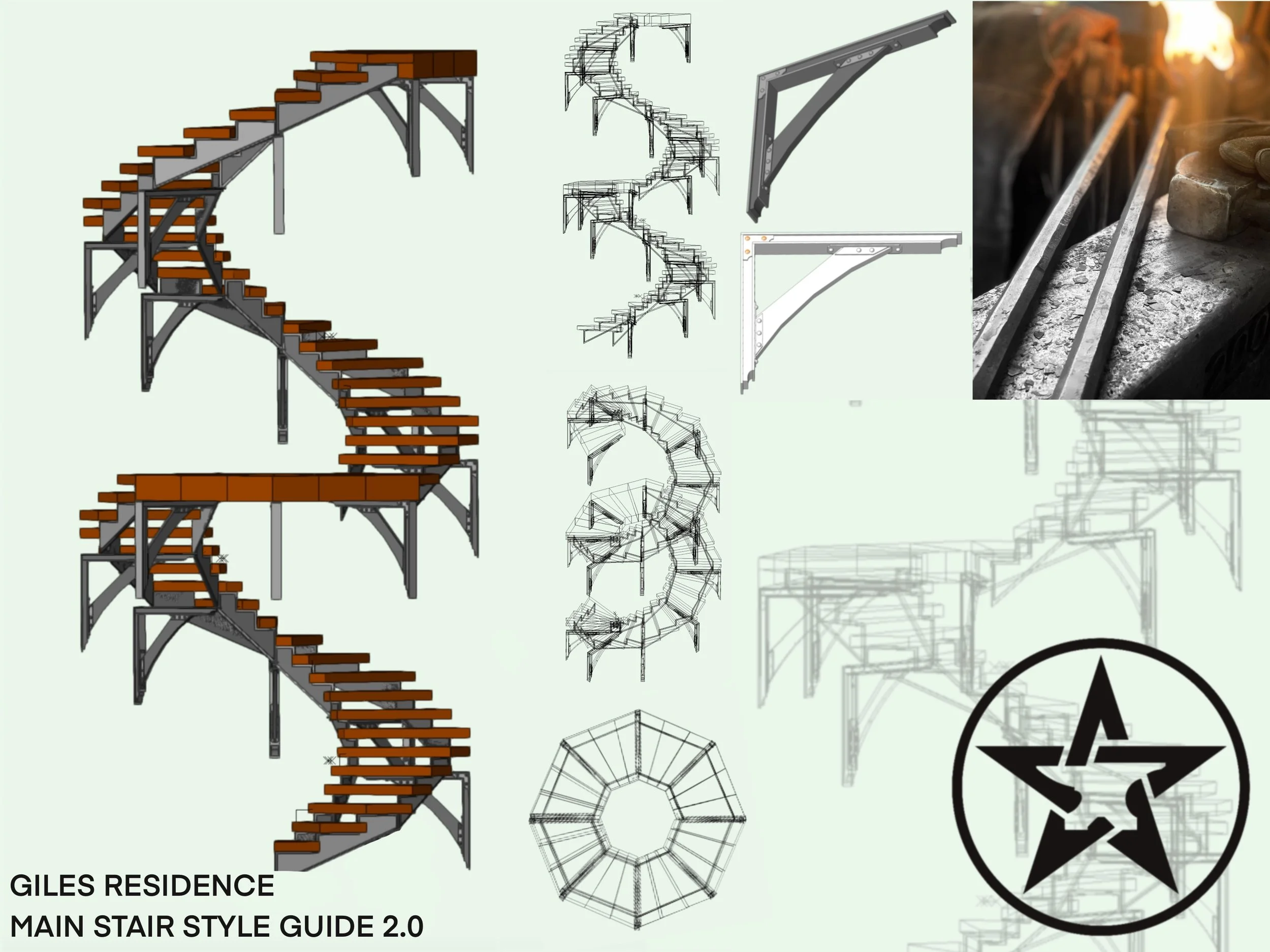 Diagram displaying the design and structure of a spiral staircase, including technical sketches, wireframes, and photographs of steel stairs with wooden steps, along with branding and design labels.