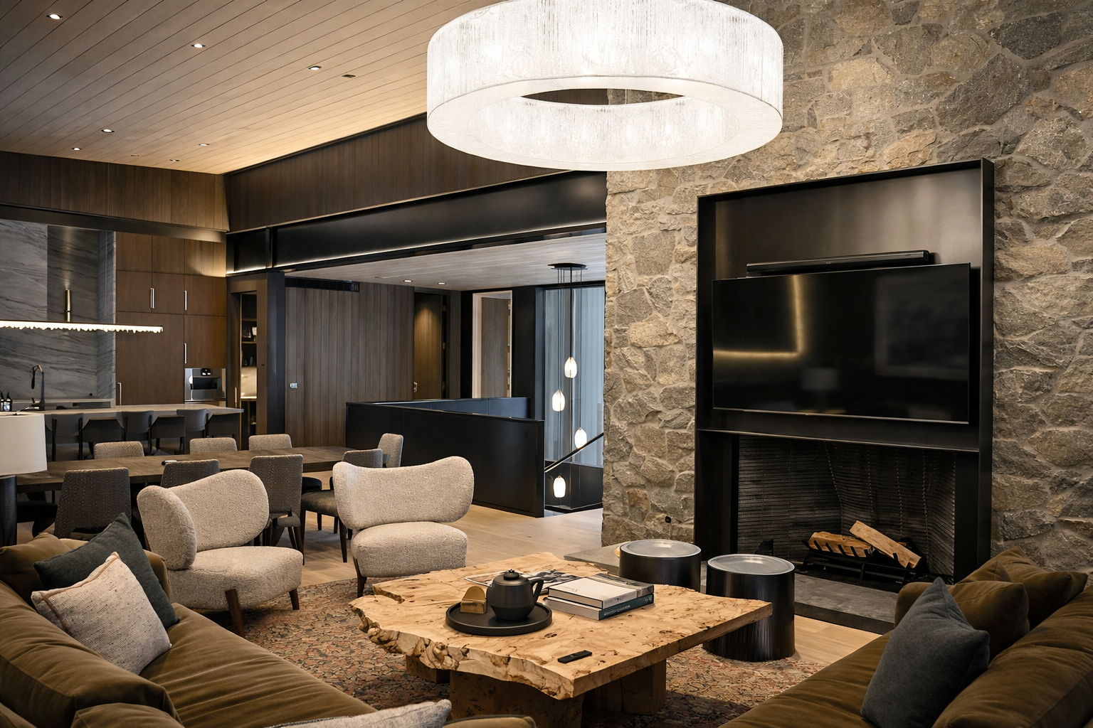Modern living room with a stone fireplace, a large flat-screen TV, a wooden coffee table, various upholstered chairs and sofas, a dining area, and contemporary pendant lighting.