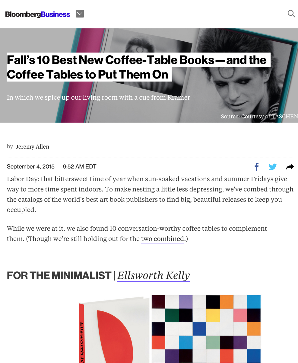  Fall’s 10 Best New Coffee-Table Books—and the Coffee Tables to Put Them On  September 2015   BLOOMBERG.COM  