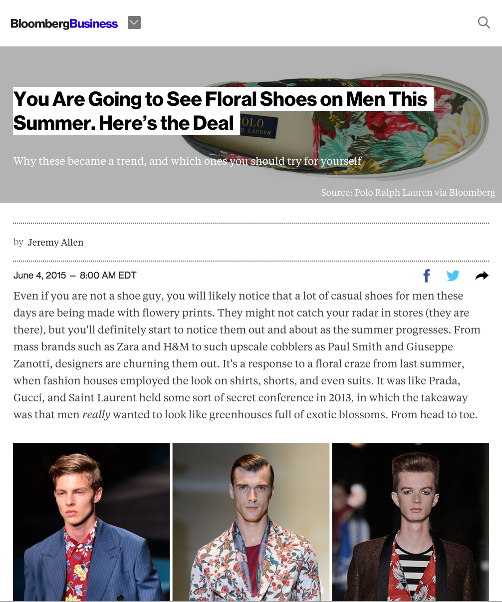  You Are Going to See Floral Shoes on Men This Summer. Here’s the Deal  June 2015   BLOOMBERG.COM  