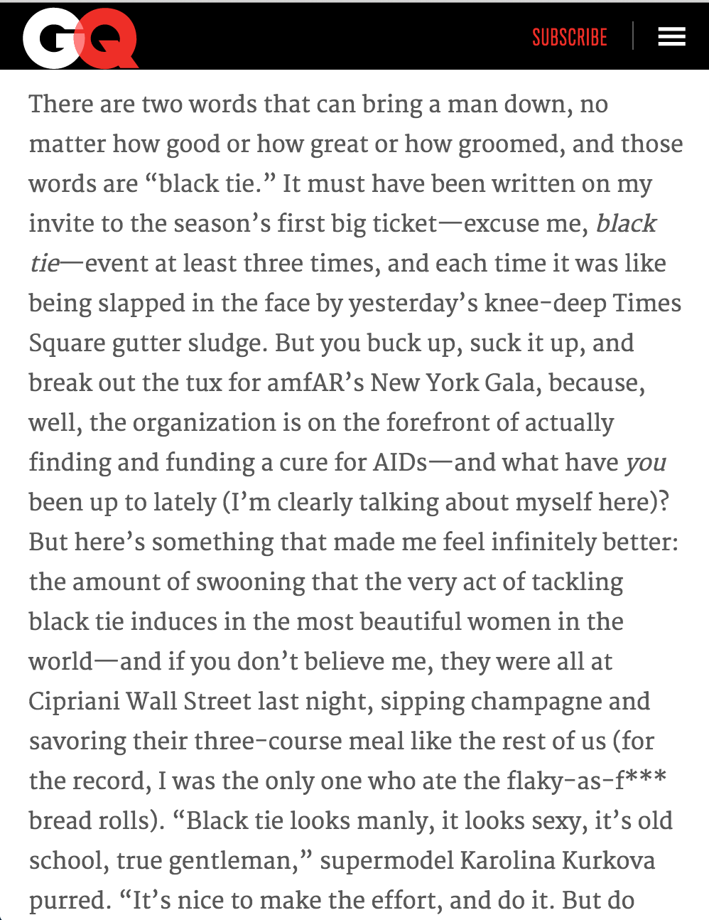 Man About Town: Black Tie Dressing, Model Behavior, and the amfAR New York Gala  February 2014   GQ.COM  