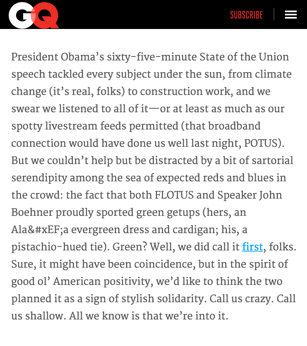  SOTU 2014's Green Day: The Color That Reached Across the Aisle  January 2014   GQ.COM     