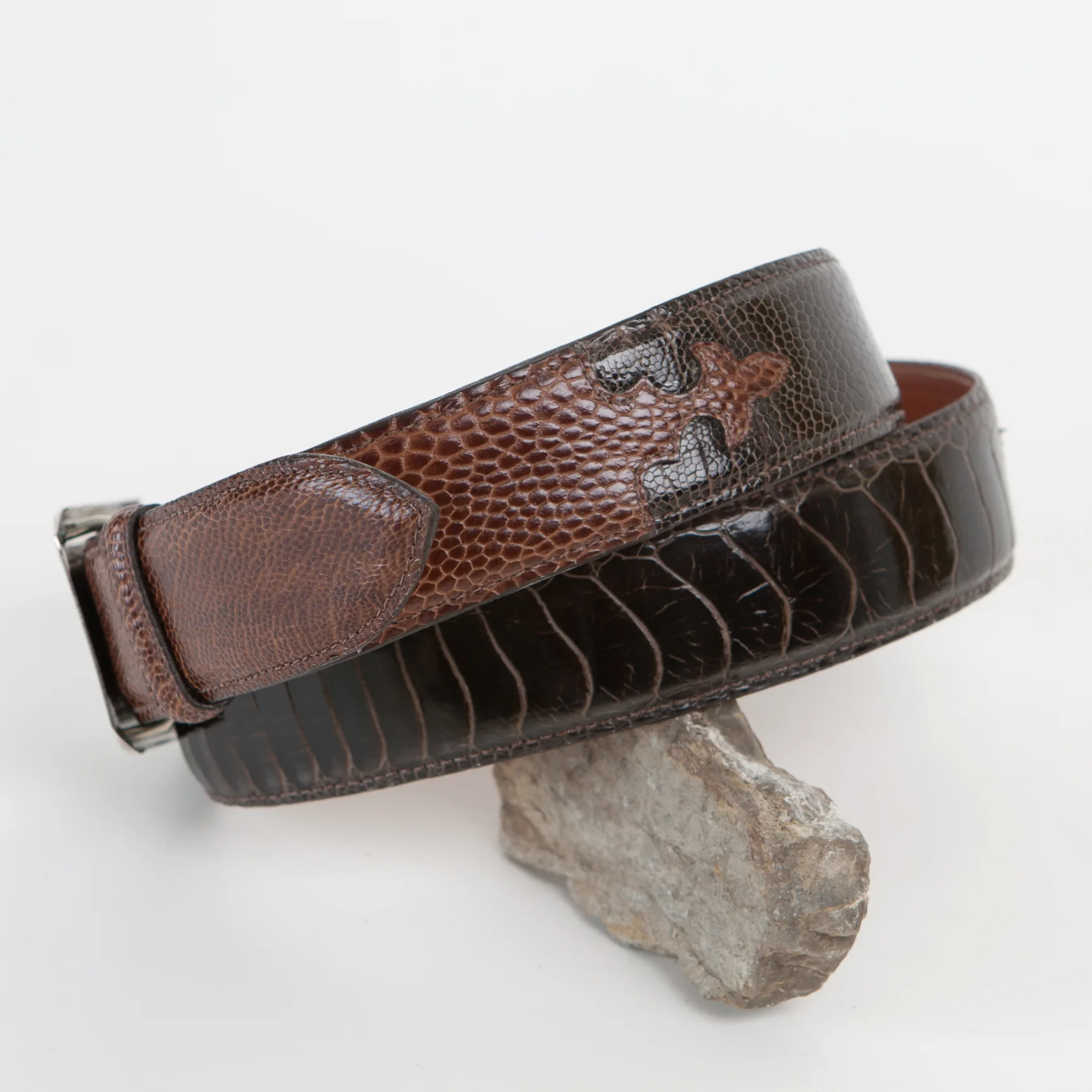 Ostrich Leg Belt with Fleur-de-Lis Tabs