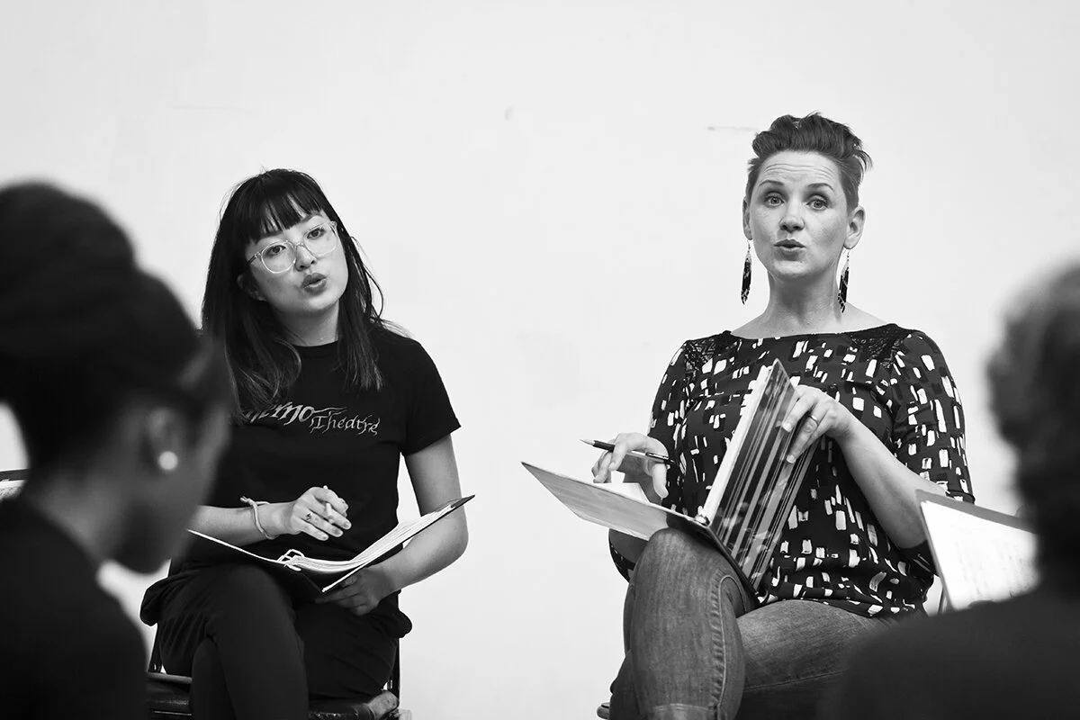 Kristine Barrett (right), Sharon Shao, Angel Adedokun, and Janet Kutulus rehearse for Shotgun Players/Kitka production of the folk opera Iron Shoes; Berkeley CA, 2018.