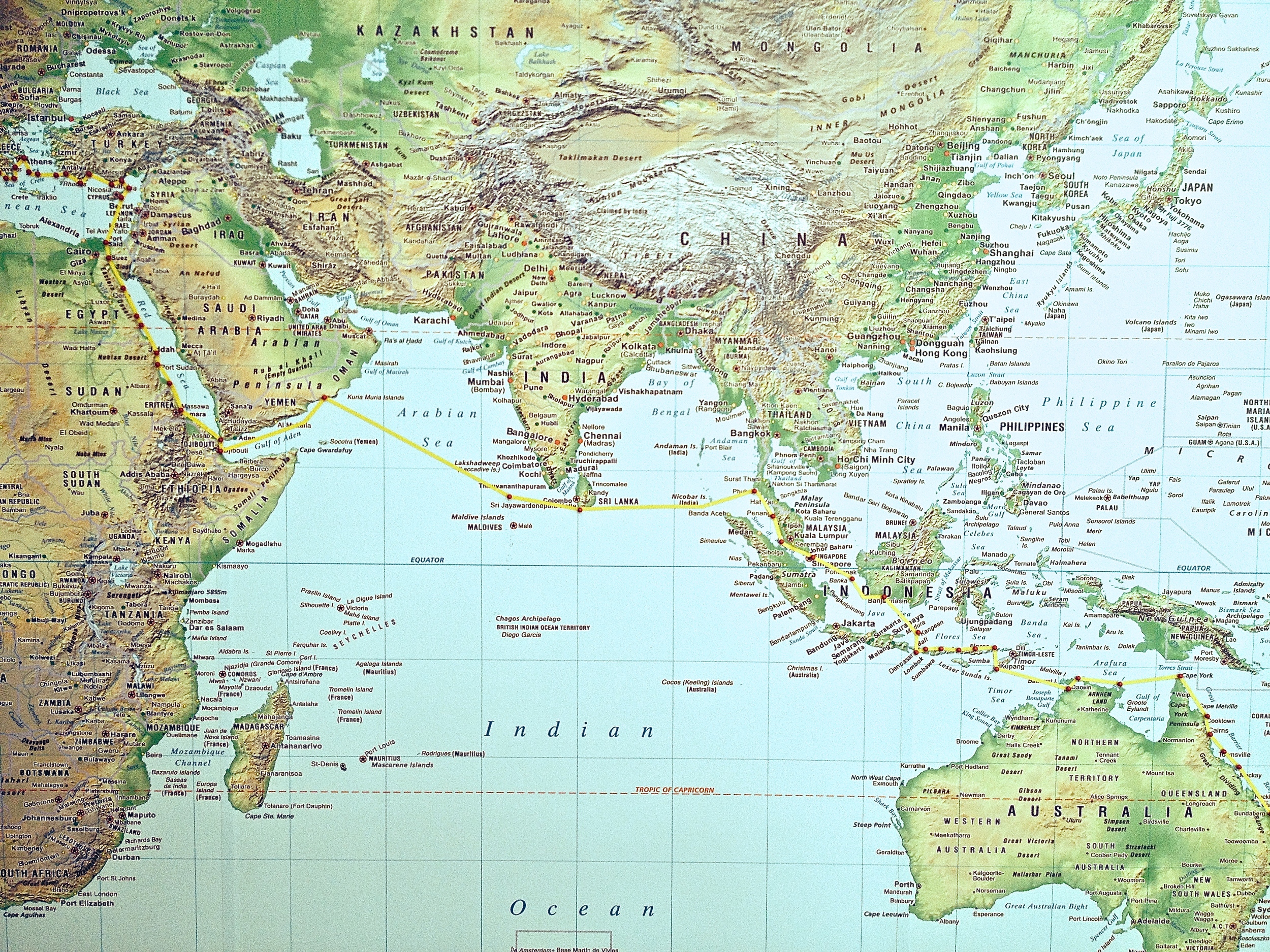 New Zealand to Australia, Indonesia, Singapore, Malaysia, Thailand, Borneo, Oman, Djibouti, Eritrea, Sudan & Egypt