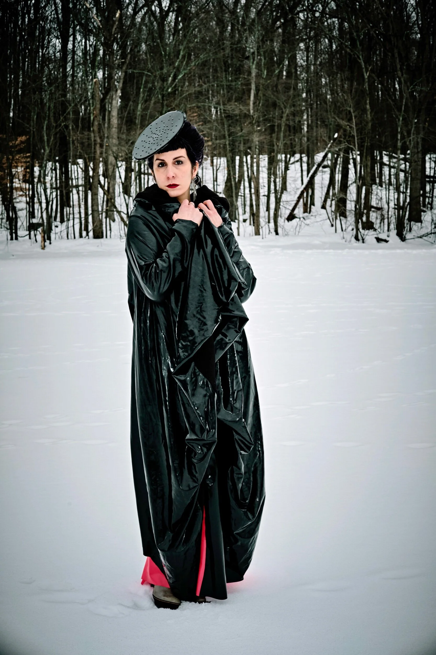 Renee Masoomian Fleece Lined Latex Drape Coat