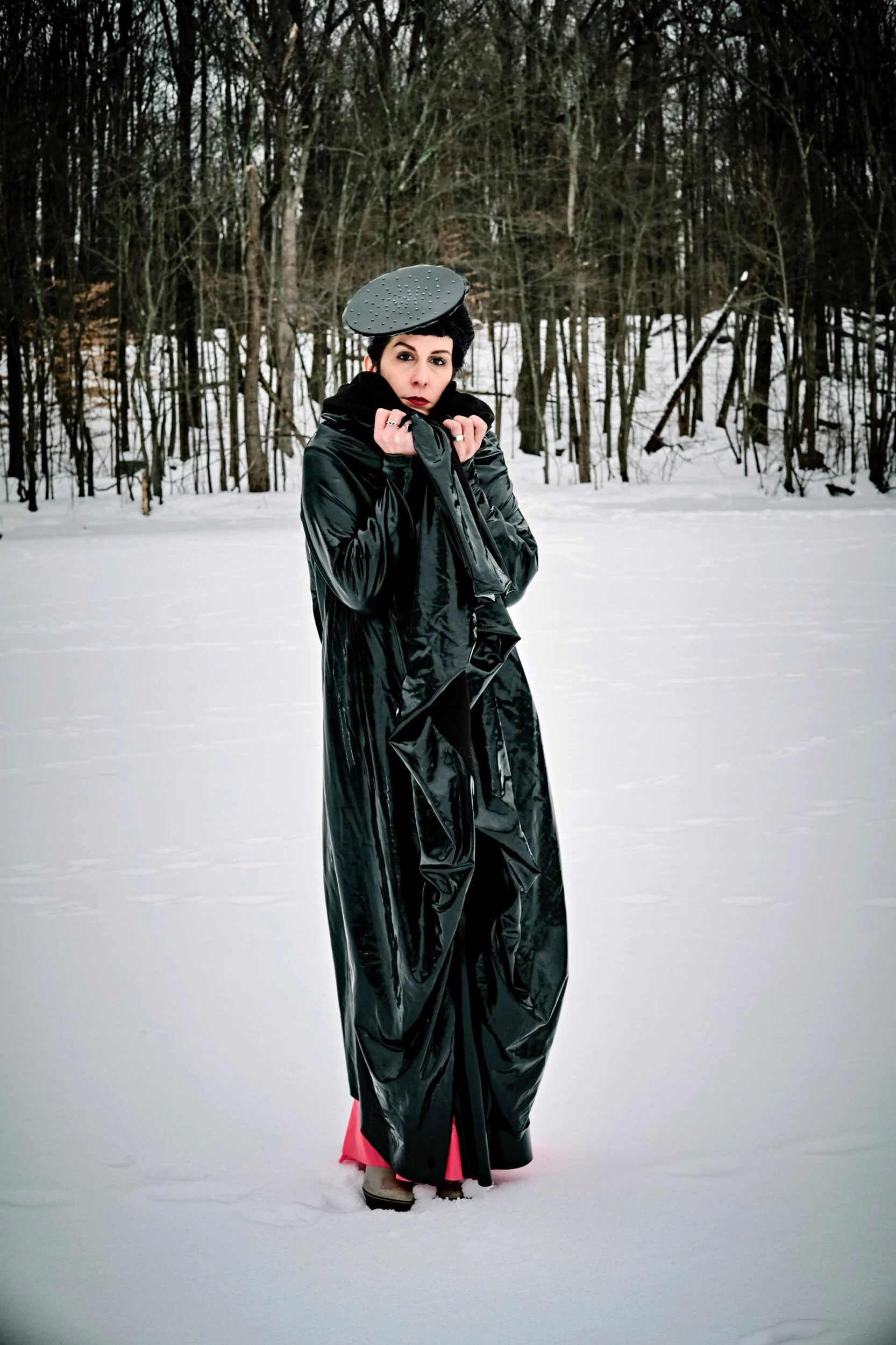 Renee Masoomian Fleece Lined Latex Drape Coat