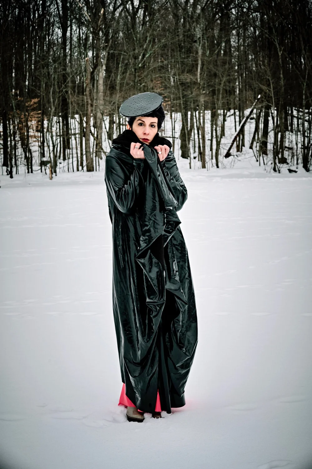 Fleece Lined Latex Drape Coat — Reneé Masoomian