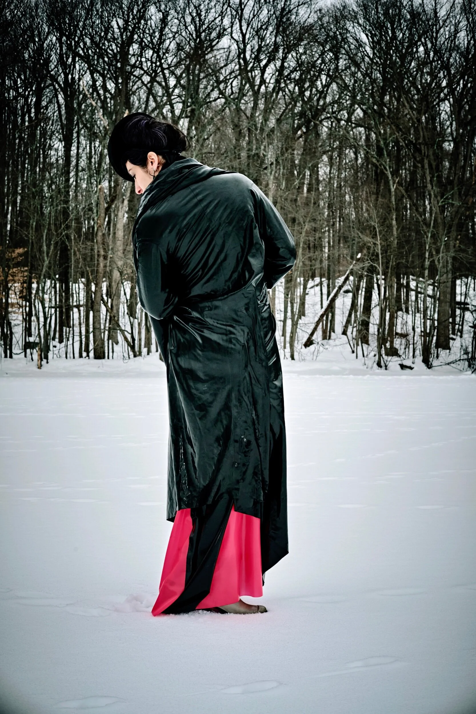 Renee Masoomian Fleece Lined Latex Drape Coat