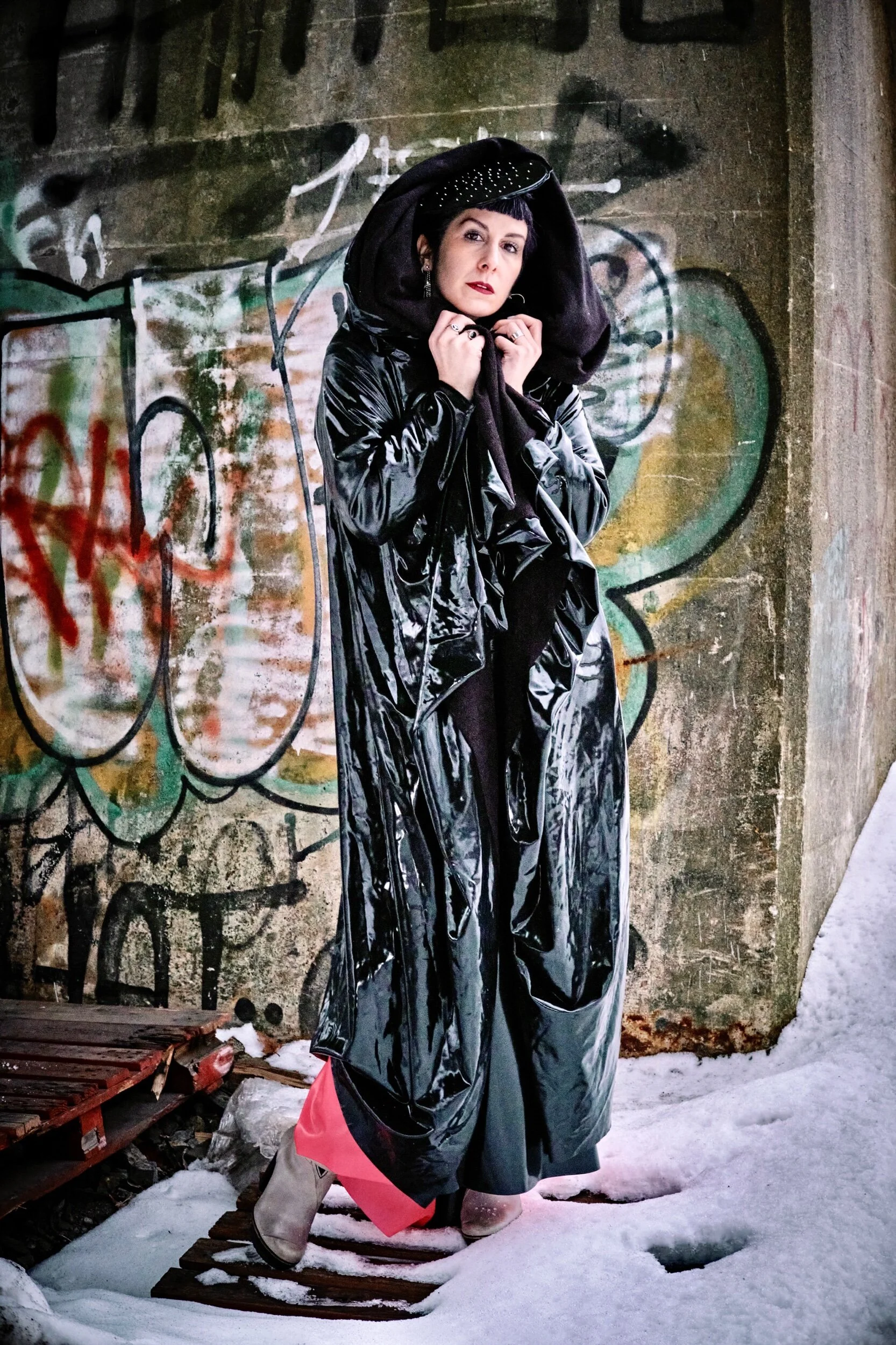 Renee Masoomian Fleece Lined Latex Drape Coat