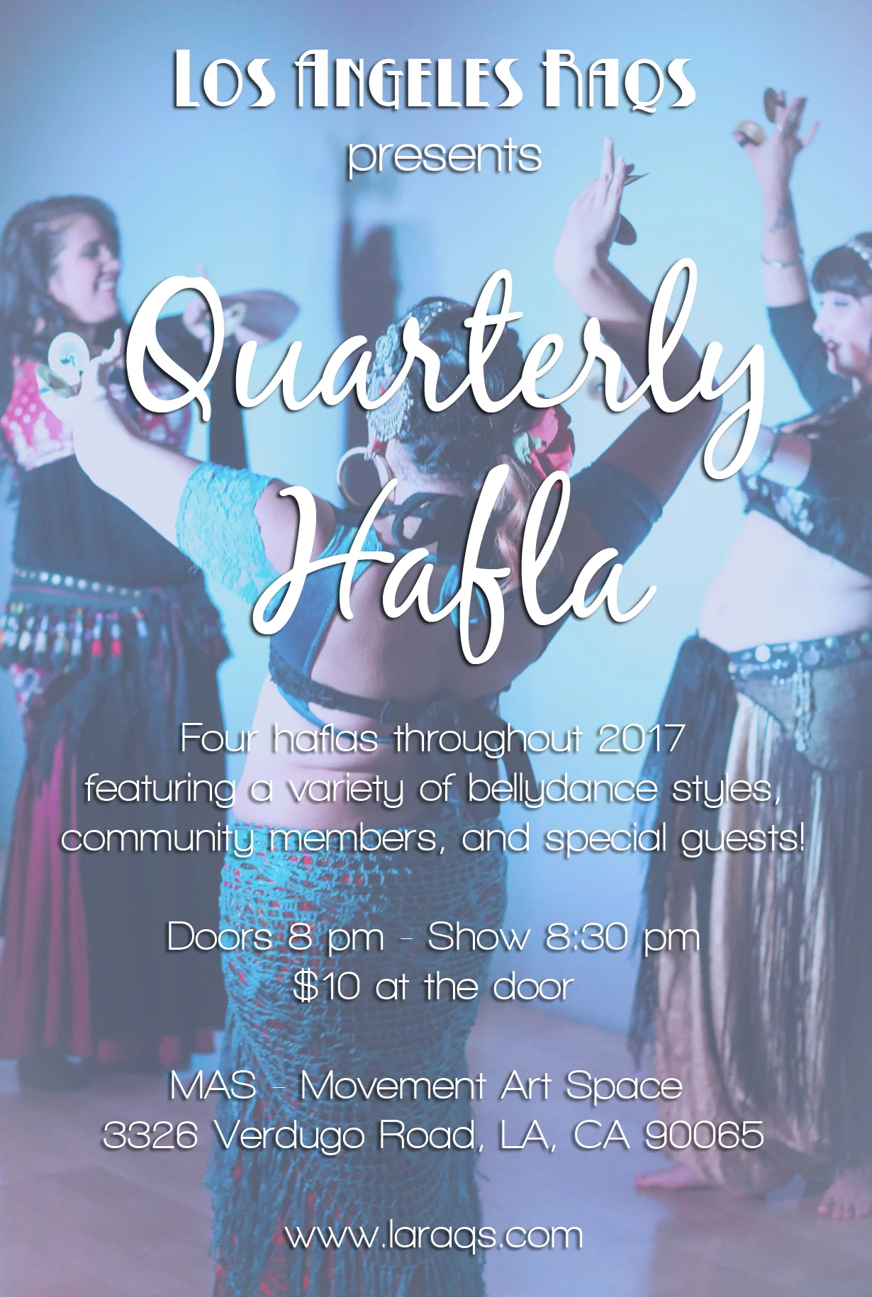 LA Raqs is a community service focused on bringing together our diverse and vibrant Los Angeles Bellydance Community. In celebration of this art, we host quarterly haflas highlighting professionals to students, soloists to groups in a wide range of bellydance styles, all exploring a theme for creative inspiration. This is where artists can push, get feedback, try out new ideas, see what works as well as what may not~ all in a supportive environment meant to foster creativity and expression. Our haflas are themed to give creative inspiration: January 27th "Women's History" April 28th "Fusion" July 21st "Raqs Sharqi" October 27th "Dia de los Muertos" Doors at 8pm/ Show starts at 8:30pm Open dancing & drumming afterwards ONLY $10 at the door Lineup changes regularly. If you are interested in performing, please contact Aubre at aubre@aubrehill.com with a synopsis of your piece and what date you are interested in. Performance spots are first come, first serve and a waiting list will be created once full with those waiting given a chance to perform at the next hafla space permitting. Please limit sign ups to only one hafla at a time. www.laraqs.com