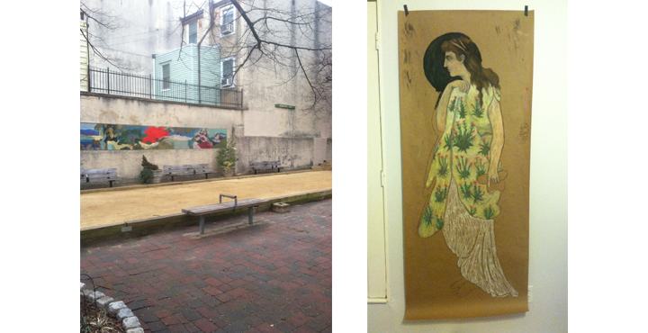 About: Originally from Boston, I moved to Philly a little over a year ago and have been slowly working my way through a big bag of oil pastel crayons, usually drawing figures or portraits of people. Neighborhood: BELLA VISTA I'm living there and wanted to put something up in the area. Artwork Location Hint: Just a few steps east of the pictured South Philly Bocce court.