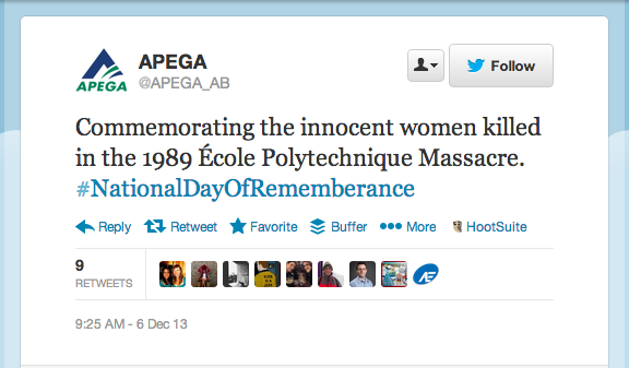 APEGA's quiet tweet about the École Polytechnique massacre garnered 9 retweets and no backlash. 