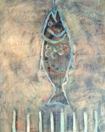 Hooked V 18" x 22" acrylic on board