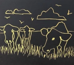  Bessie &amp; Co, 8" x 8" linoprint 