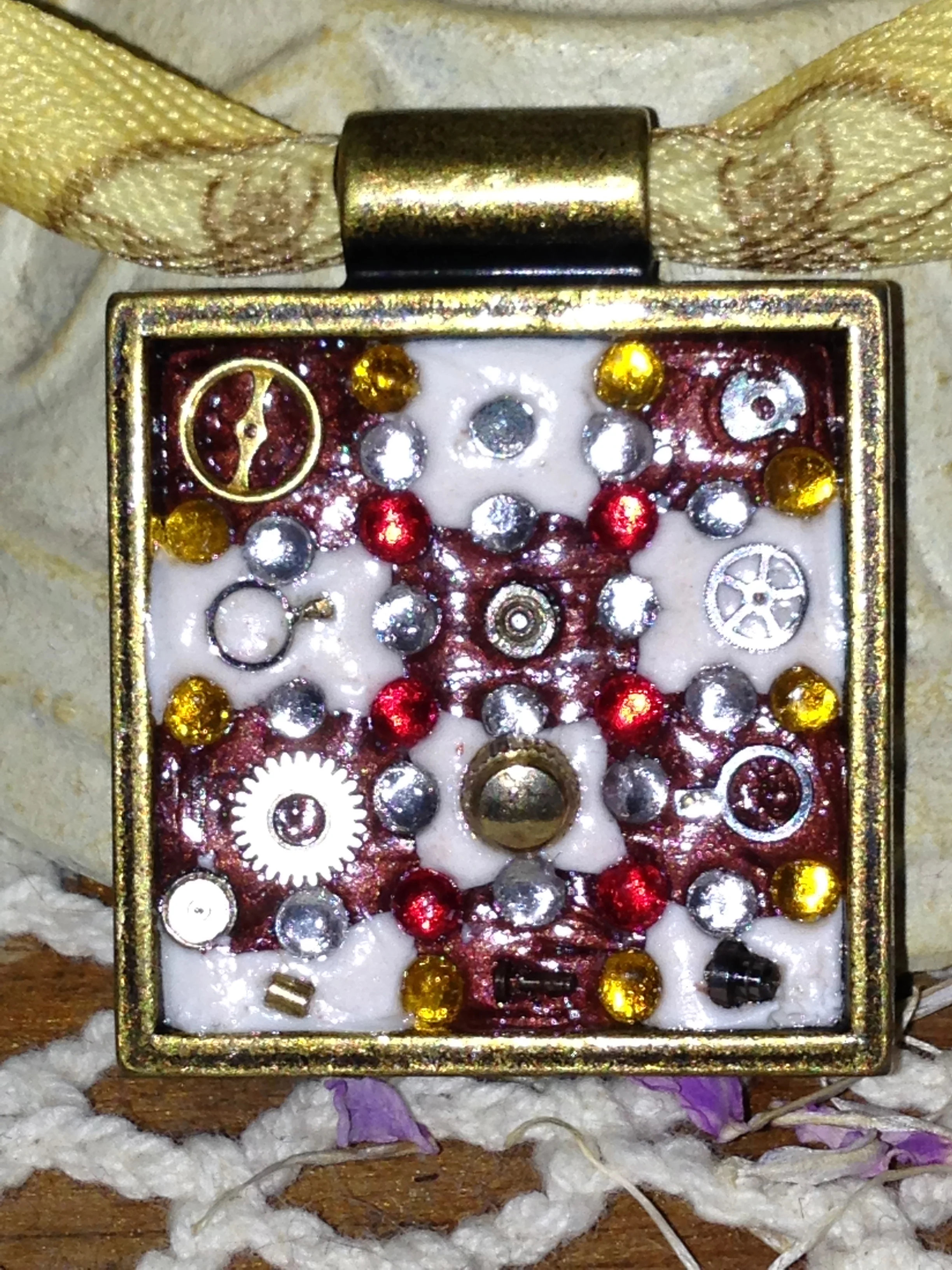 Steampunk Bronze and White Square Pendant