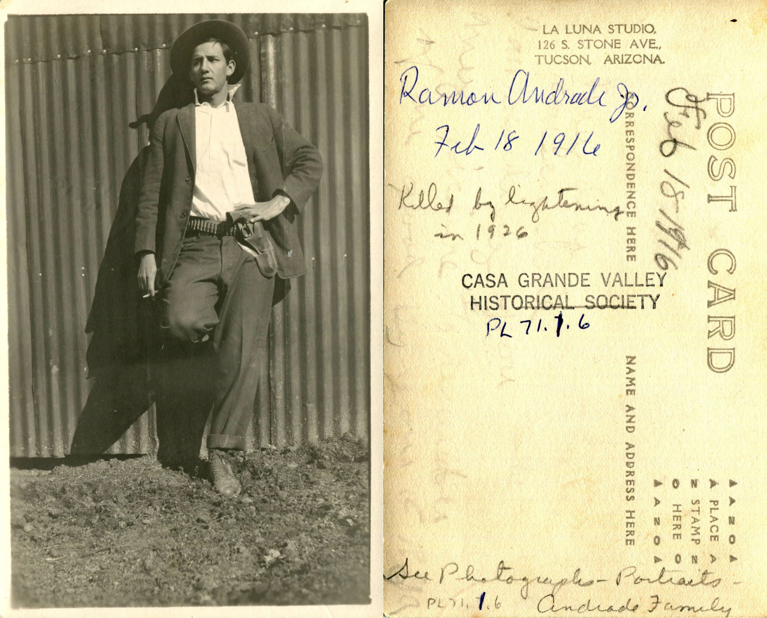 As seen written on the back of this photograph, "Killed by Lightening in 1926" is testament to a serious event and attempt to preserve history. Relics of evidence such as this help tremendously in putting together the past in an effort to preserve our future. 