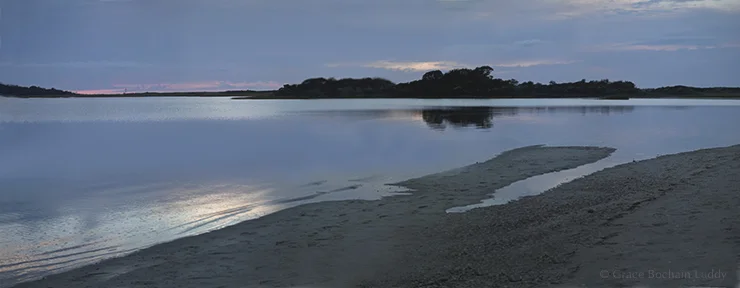 Sometimes, just at sunset, the wind dies and Great Salt Pond becomes as still as glass. This was after I finished swimming. I was still wet, carrying my fins and snorkel and other gear back to the car, with my dogs jumping around me. I had to shoot quickly, as the light was changing very fast. I was gingerly balancing the camera, holding it away from me to keep it from getting sandy and salty. I liked the patterns made by the sand with the outgoing tide, and I also like the touches of smooth light. I had the telephoto on the camera when I really could have used the wide angle lens. I didn't have time to do anything about it and had to improvise. This is actually six pictures stitched together in Photoshop. 