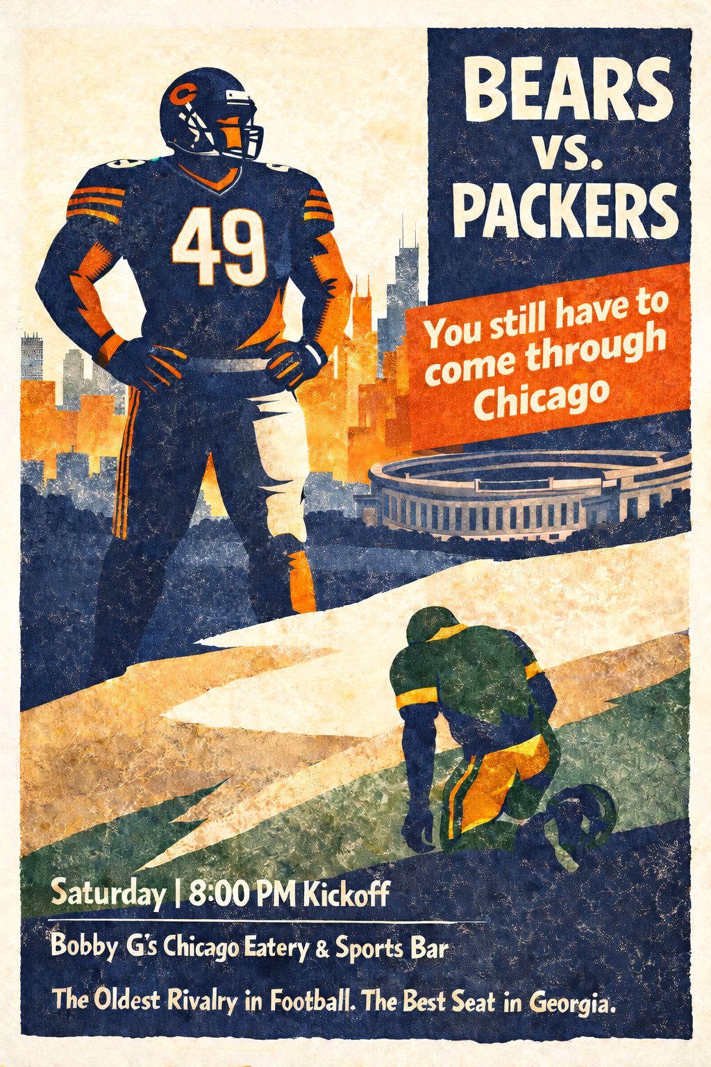 A football player in a dark blue uniform with the number 49 stands with hands on hips, overlooking a football field and a kneeling player. The background shows a city skyline and a stadium. The poster promotes a football game between the Bears and Pa