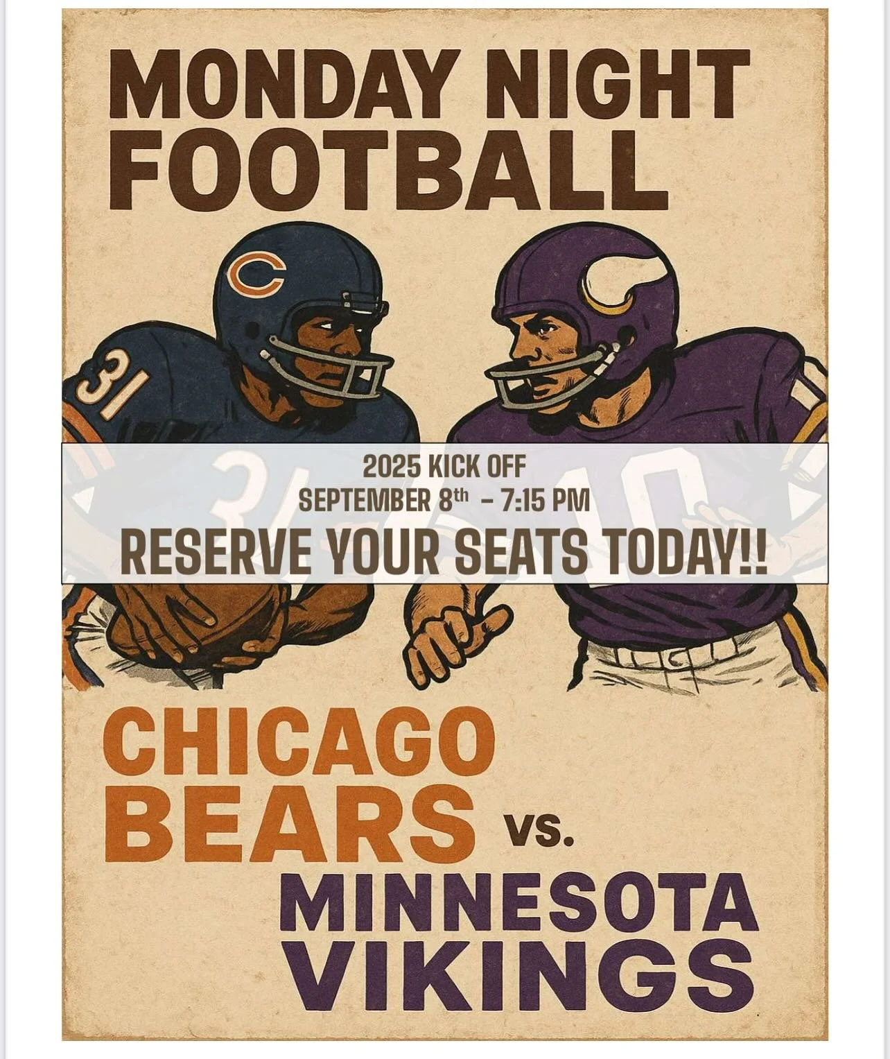 🏈 Reserve your seats NOW for Vikings vs. Bears on Monday Night, Sept 8th! 🐻 Seats are going FAST! Experience the ultimate game day in our NEW state-of-the-art atmosphere. Reservations start at 5:30PM! DJ Ant returns as Capo for his 2nd year! #BearD